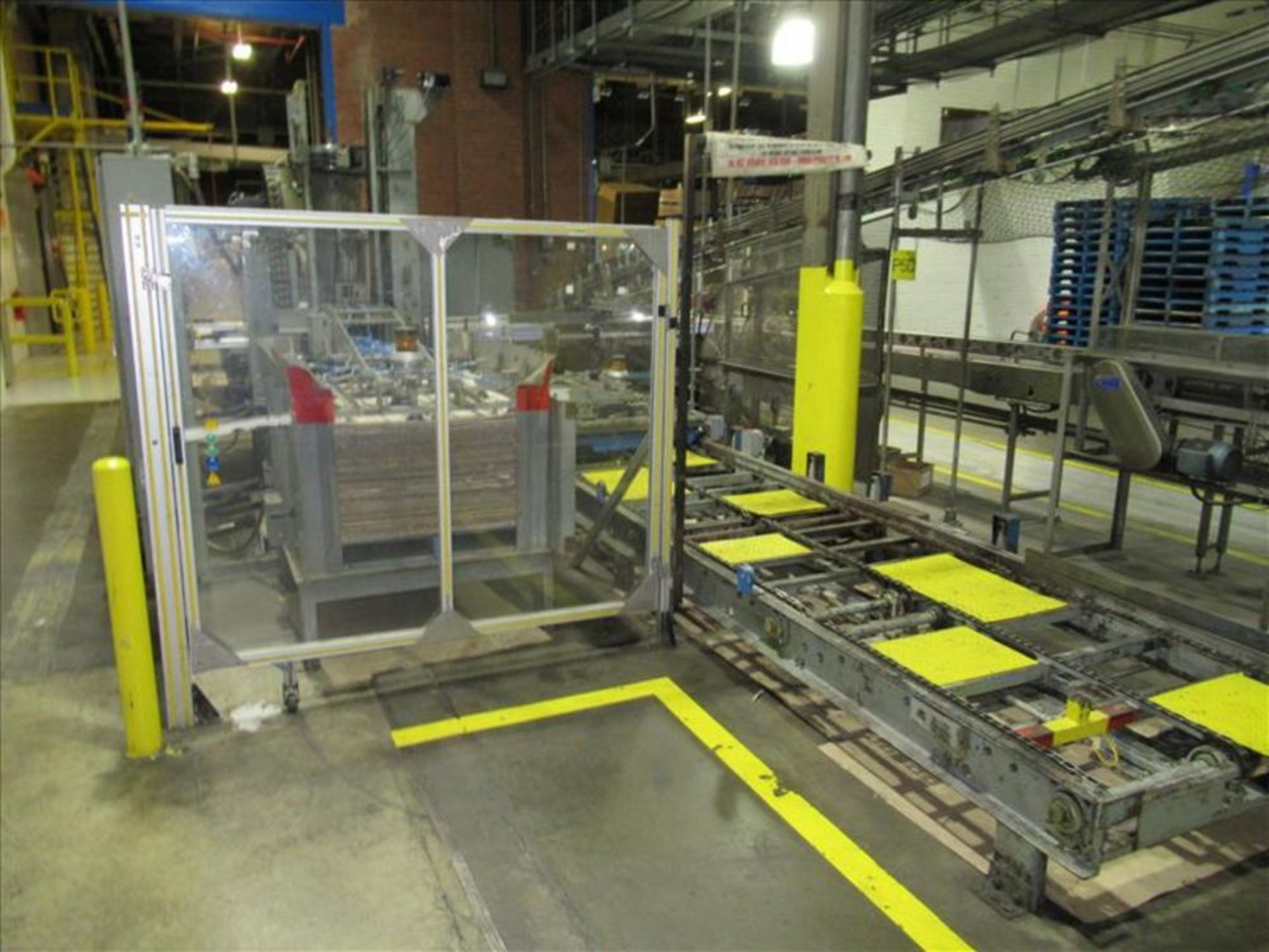 Whallon Brite depalletizer 90 deg swing type, dual head auto accumulation unit with approx 45 in.