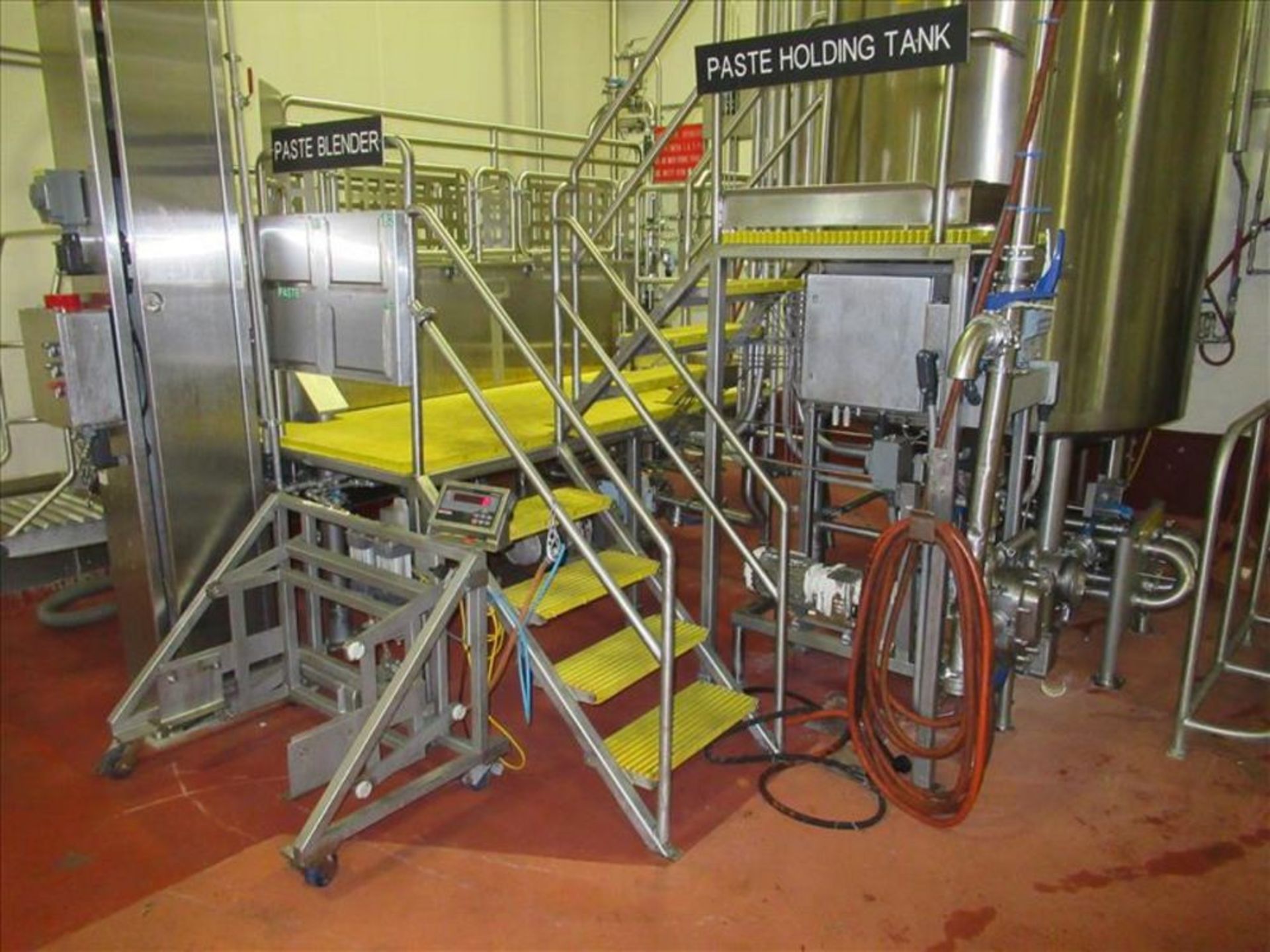 Paste blending work platform stainless framing and safety rail assembly with 4 and 3 steps work/