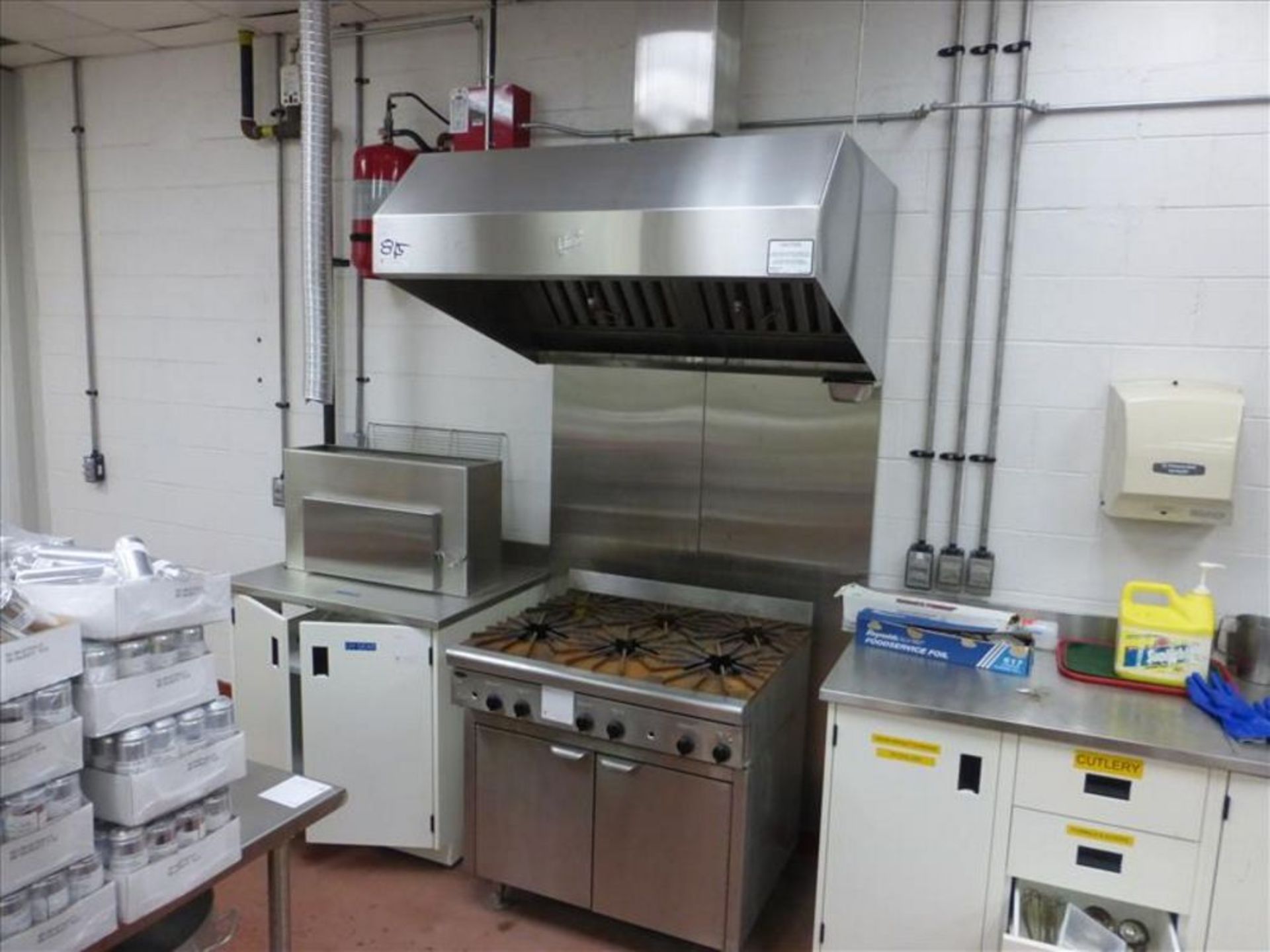 Lab appliances mod. no. Quest (1) 6 burners, gas fed, stainless stove with exhaust hood, (1) True