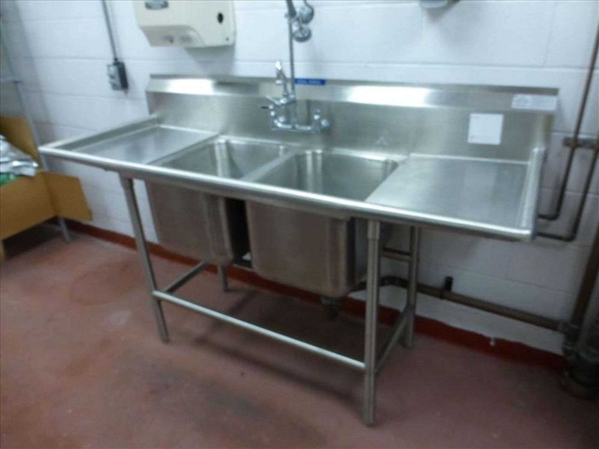 Stainless tables and sink including (1) mobile table, (1) dual sink counter with under counter drain - Image 2 of 3