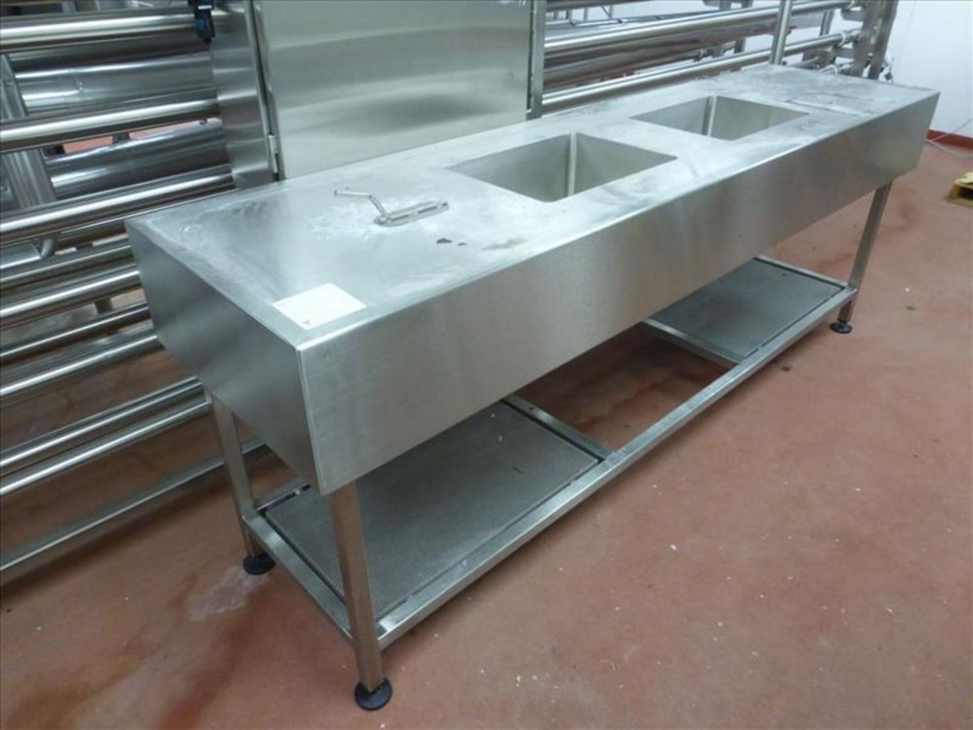 Stainless tables and sink including (1) mobile table, (1) dual sink counter with under counter drain - Image 3 of 3