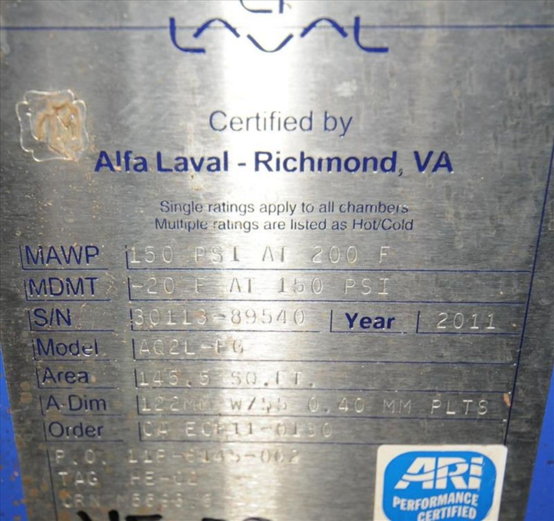 Alfa Laval plate HEX mod. no. AQ2L-FG ser. no. 30113-89540, 150psi @ 200deg F, 145. 5sq ft, 122mm ( - Image 2 of 2