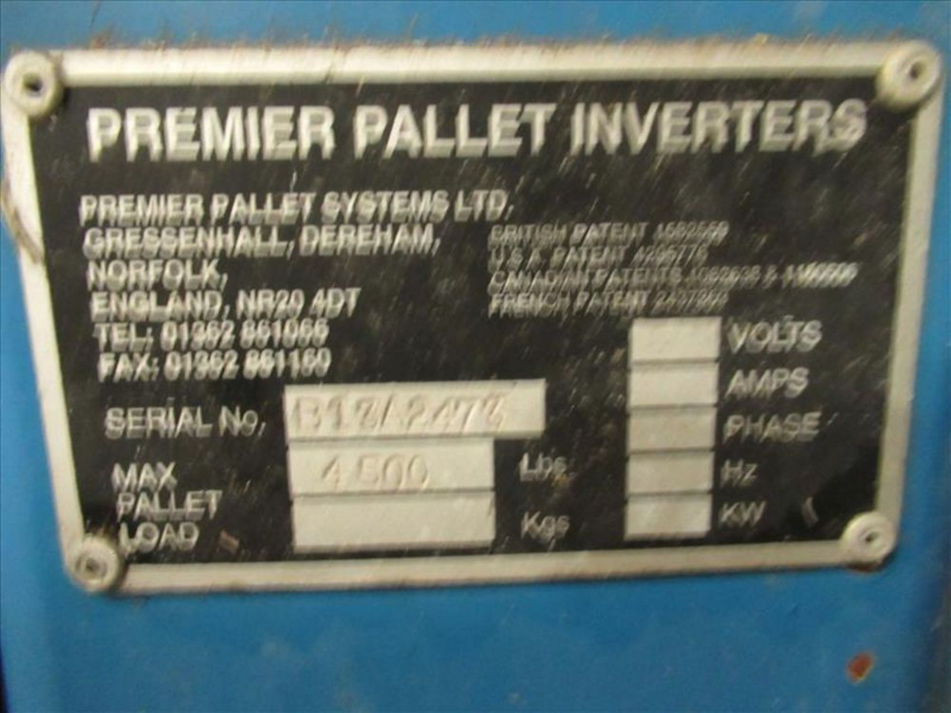 Premier pallet inverter ser. no. B13A2473 4500lbs pallet capacity located on upper shipping dock [ - Image 3 of 3