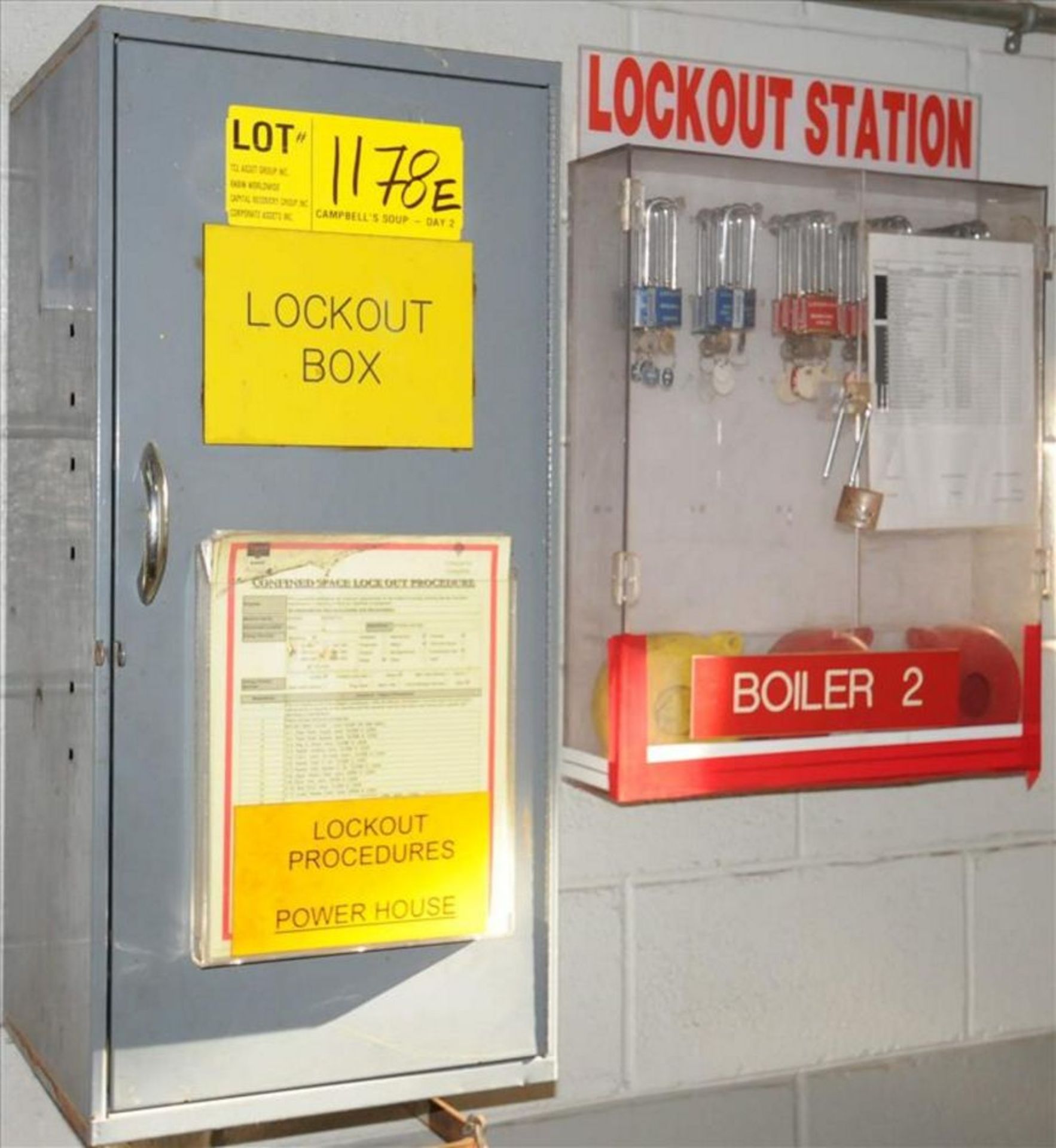 lot/ (2) emergency wash stations, lot of boxes throughout power house, and lockers [Powerhouse]