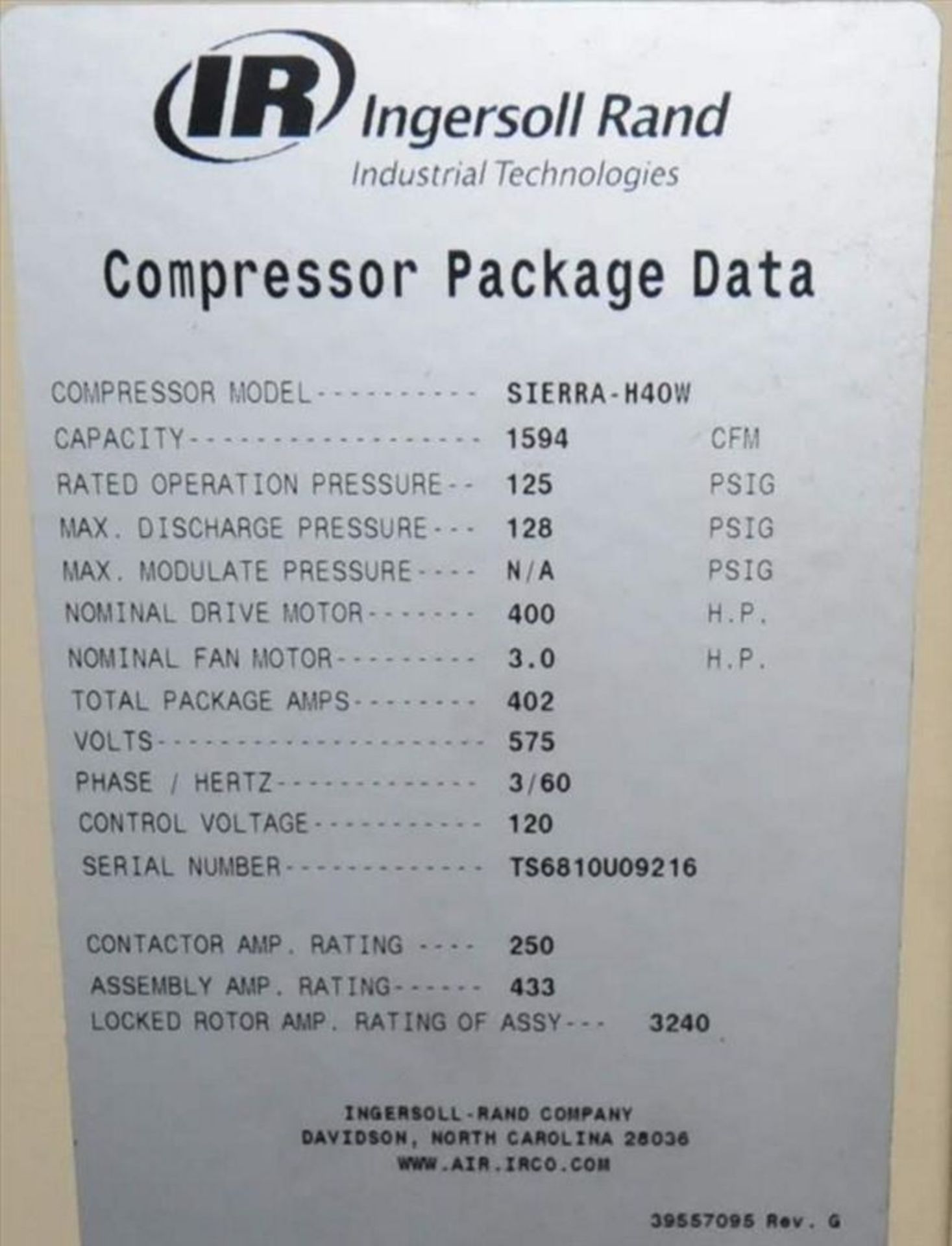 Ingersoll Rand Compressor #2 mod. no. SIERRA-H40W ser. no. TS6810U09216, package rotary air - Image 2 of 2