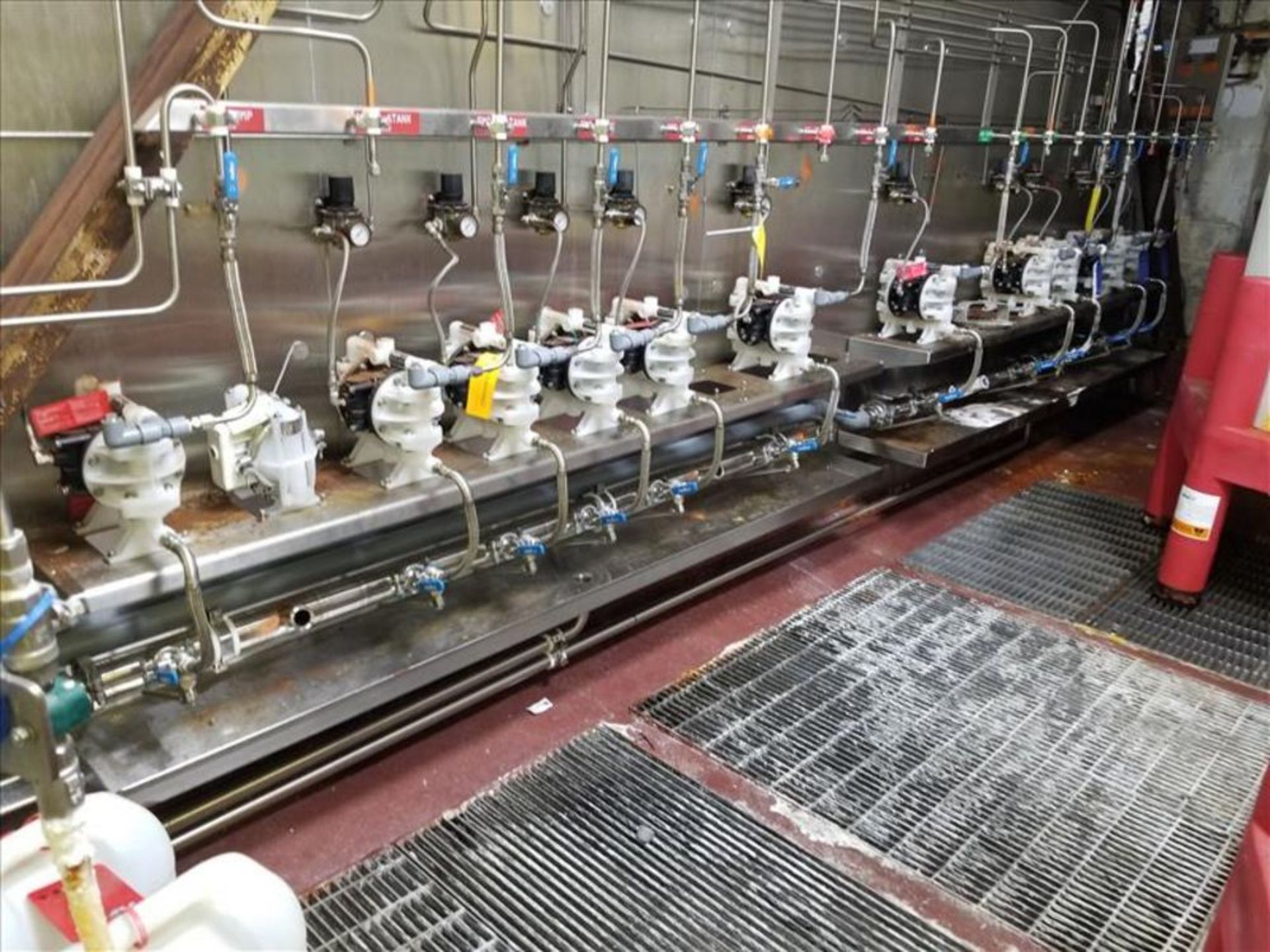 Dosing station with (12) diaphragm pumps, interconnected sanitary pipe line, regulators and (2)