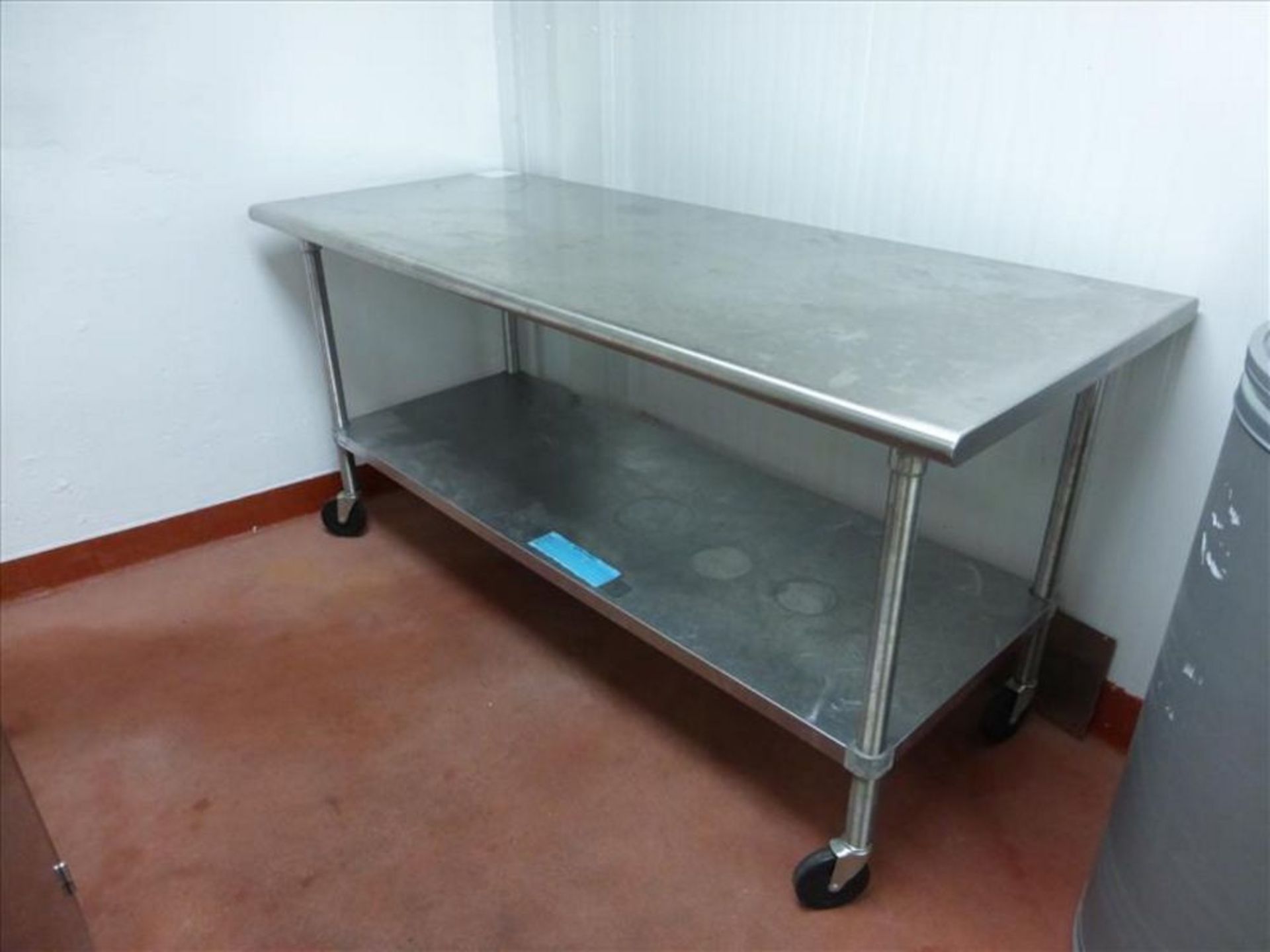 Stainless tables and sink including (1) mobile table, (1) dual sink counter with under counter drain