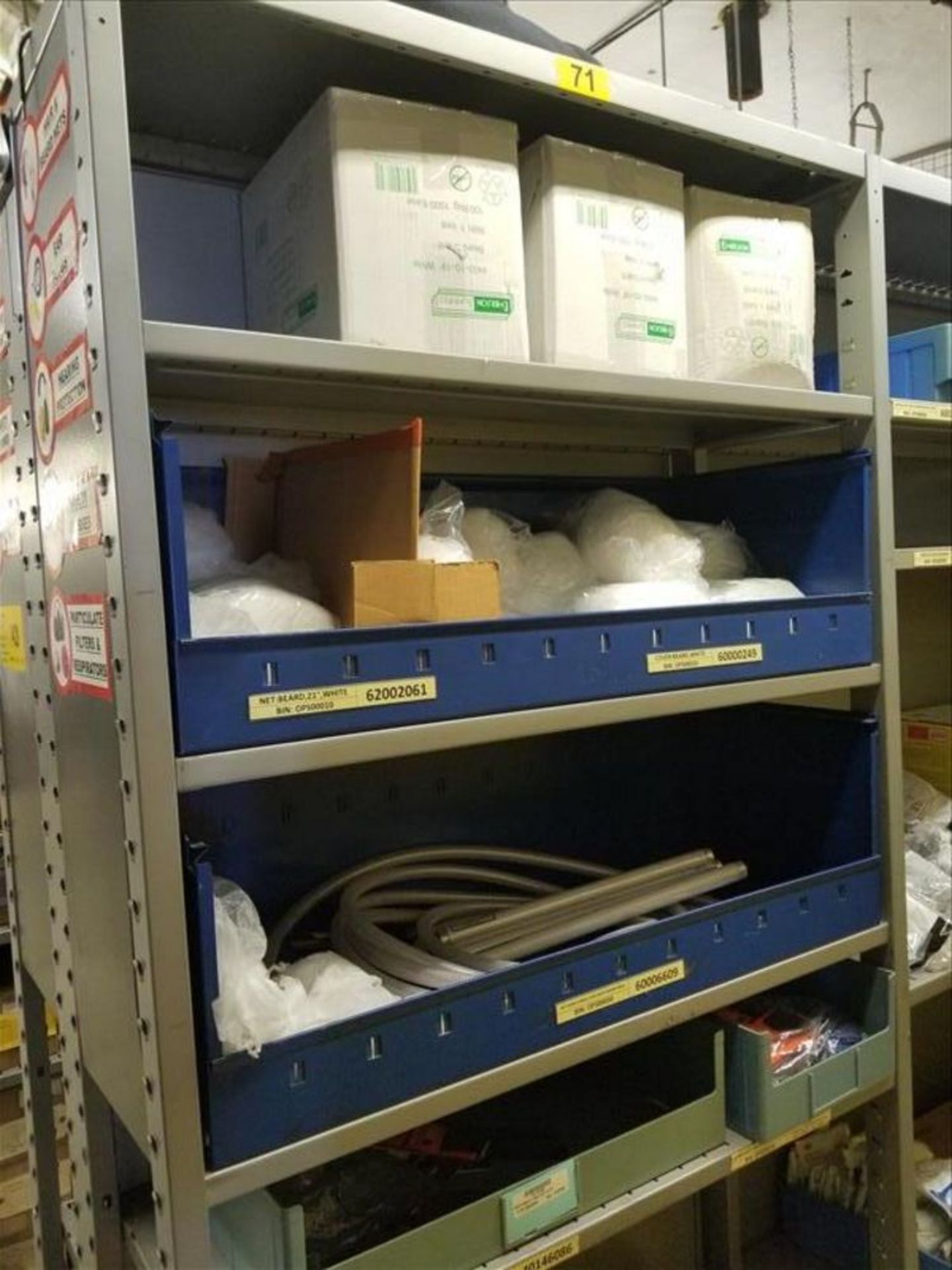 (24) Section Metal Shelving with Contents: Gloves, Ear Plugs, Filters, Safety Glass, Beard Guards, - Image 2 of 4