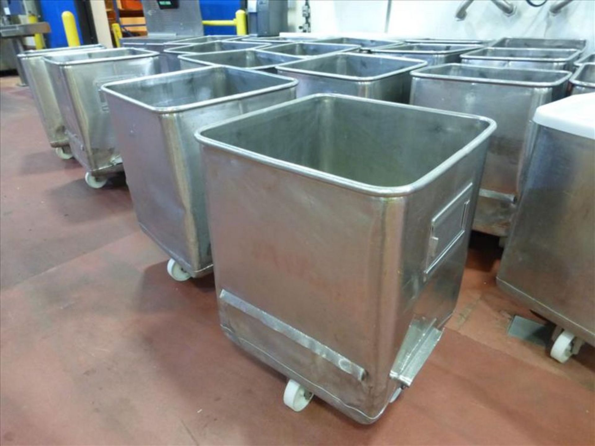 (10) Stainless totes approx 400lbs capacity dump buggy, 25 in. x 25 in. x 30 in. h [Cooking and