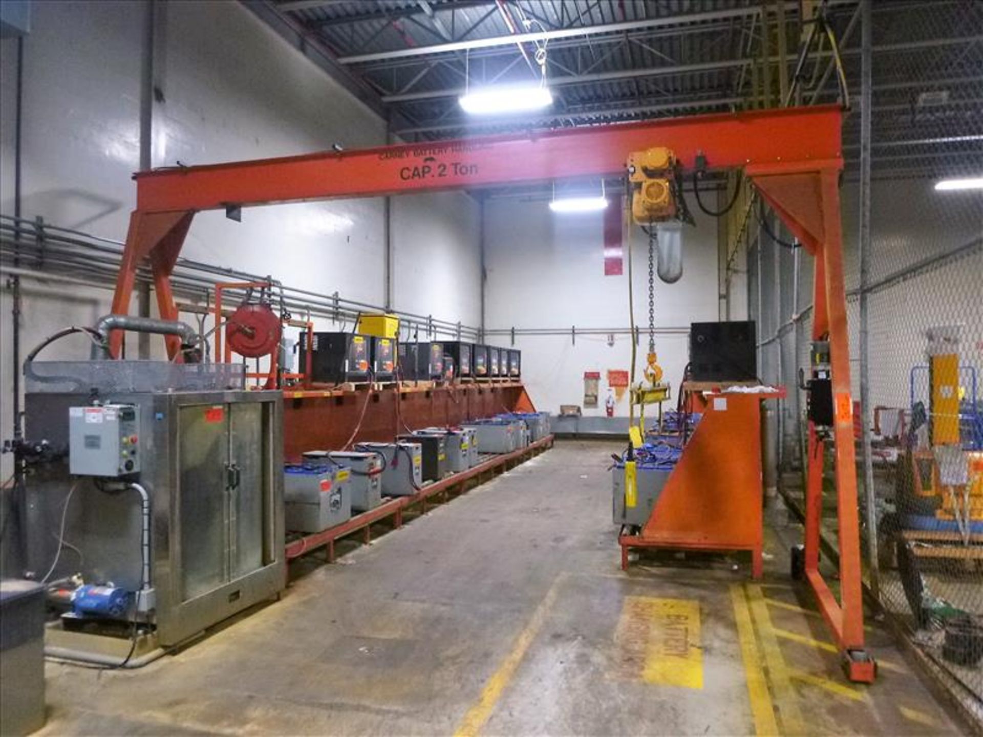 Carney battery lifting system w/ A-frame gantry, 2-ton cap., Kito 2-ton electric chain hoist and