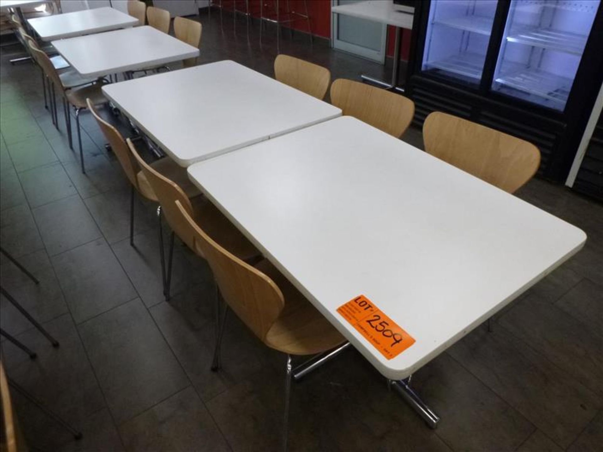 (6) chairs c/w (2) tables, 30 in. x 42 in. ea. [Cafeteria/Store, 1st Floor]