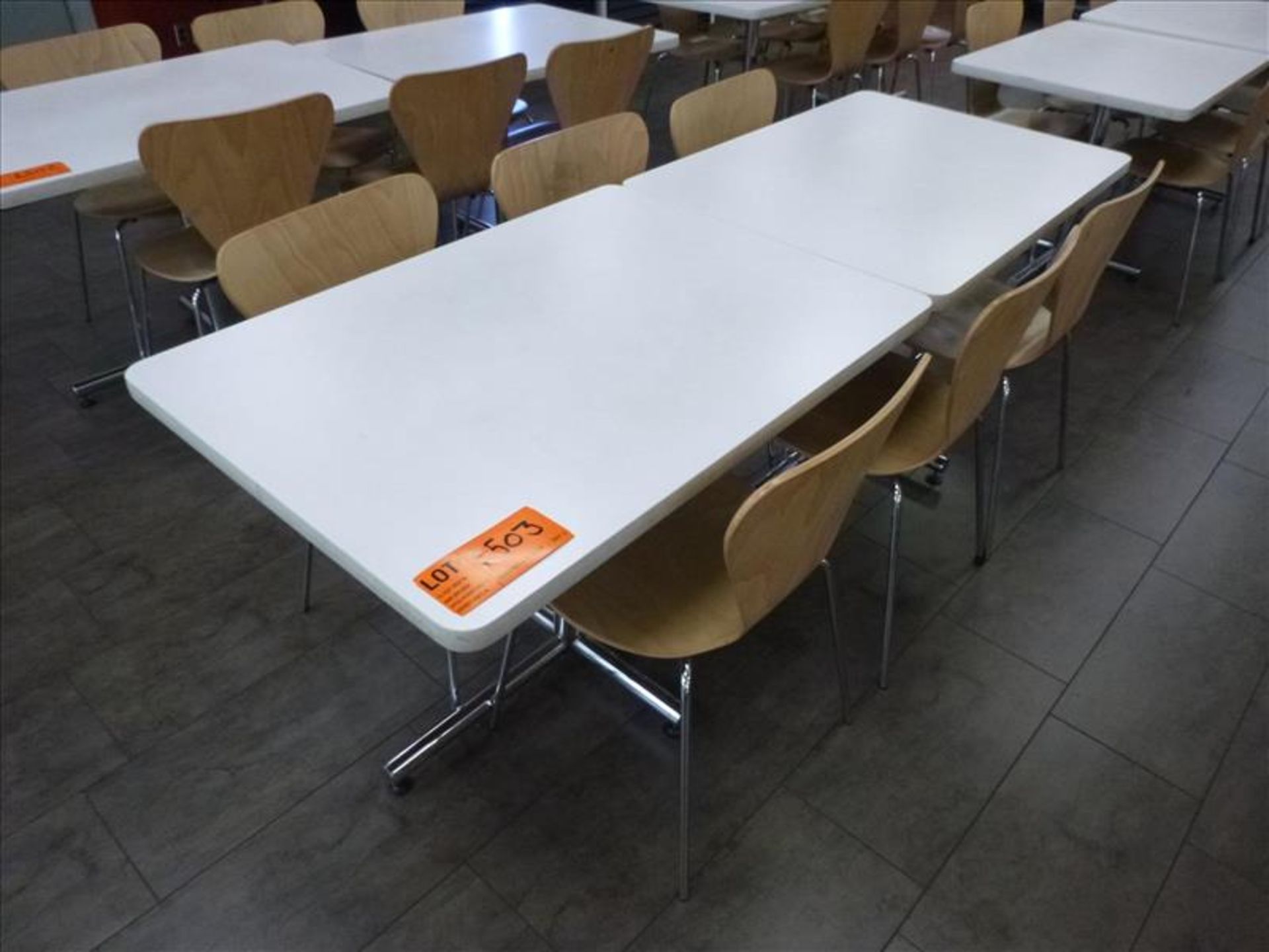 (6) chairs c/w (2) tables, 30 in. x 42 in. ea. [Cafeteria/Store, 1st Floor]