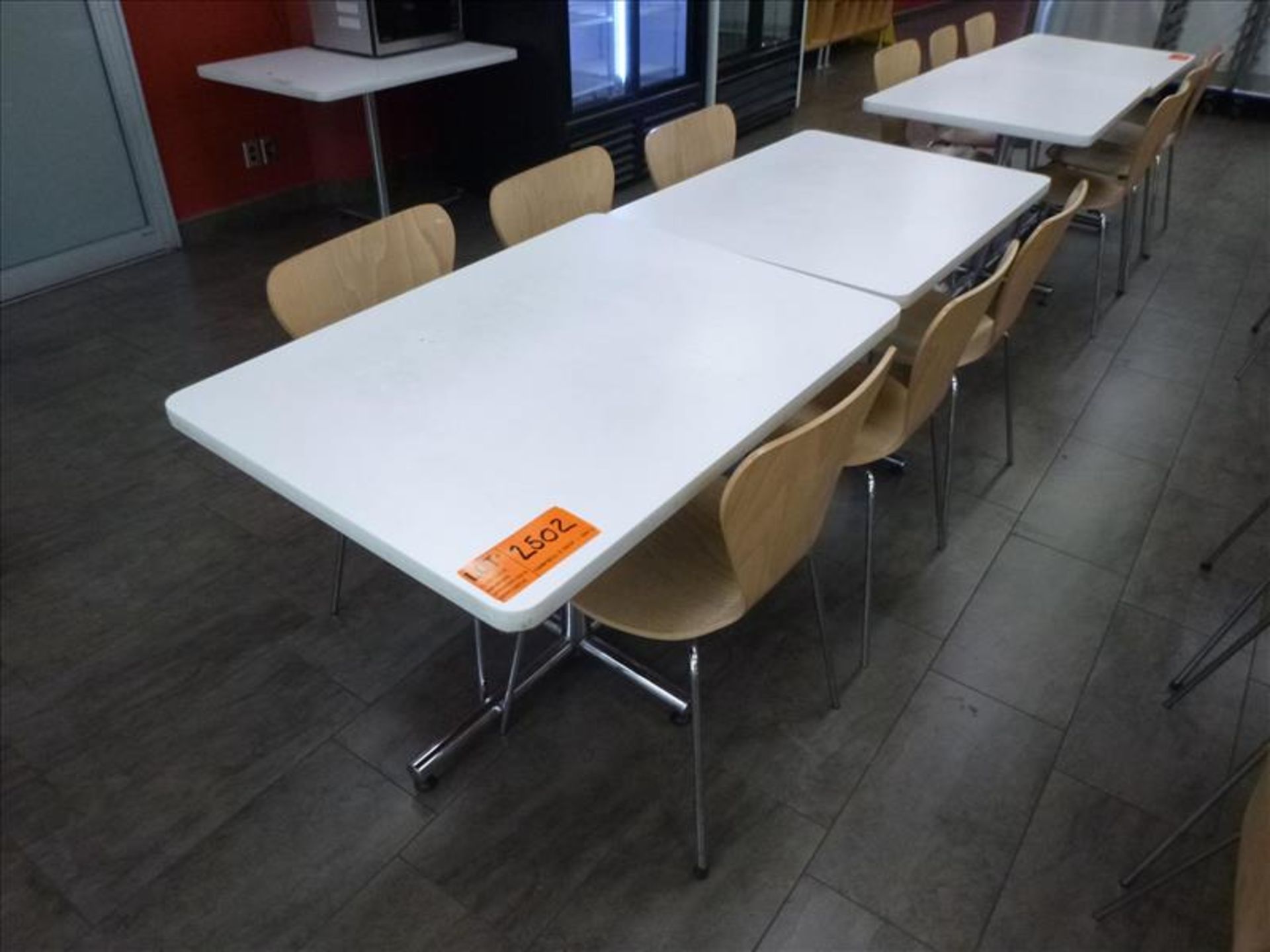 (6) chairs c/w (2) tables, 30 in. x 42 in. ea. [Cafeteria/Store, 1st Floor]