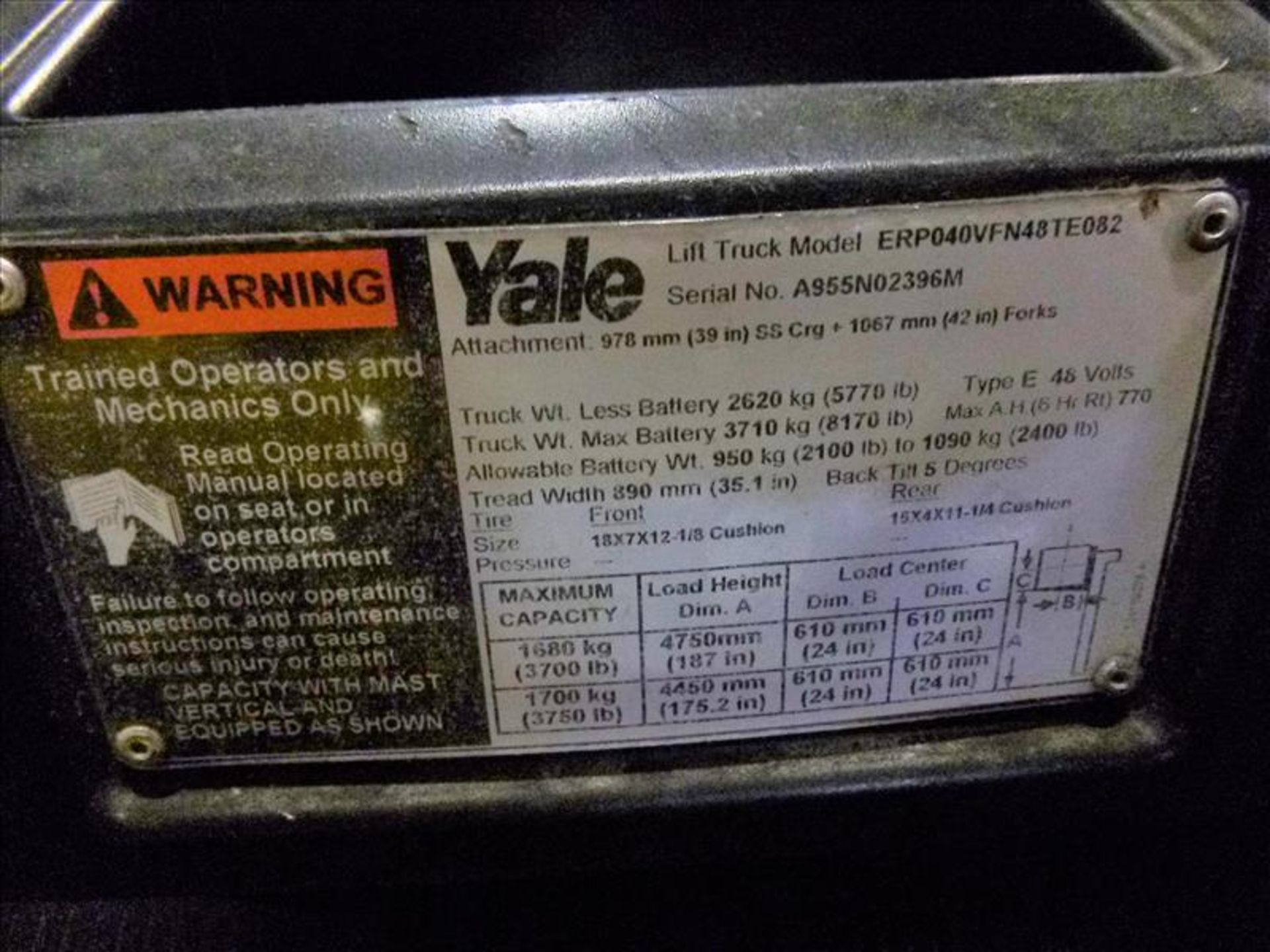 Yale fork lift truck, mod. ERP040VFN48TE082, ser. no. A955N02396M, 48V electric, 3700 lbs cap., - Image 4 of 4