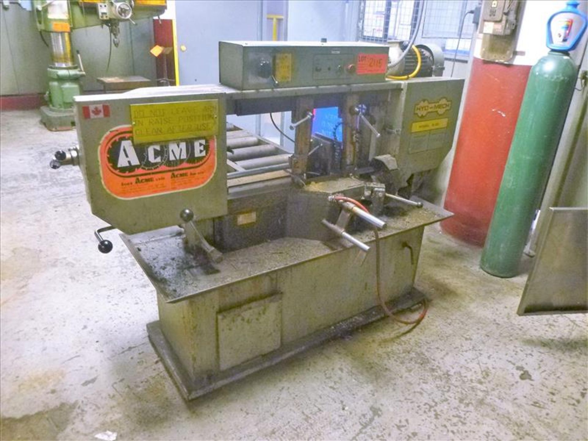 Hyd-Mech horizontal band saw, mod. S-20, ser. no. 21189419, 2 hp c/w exit conveyor [Machine Shop,