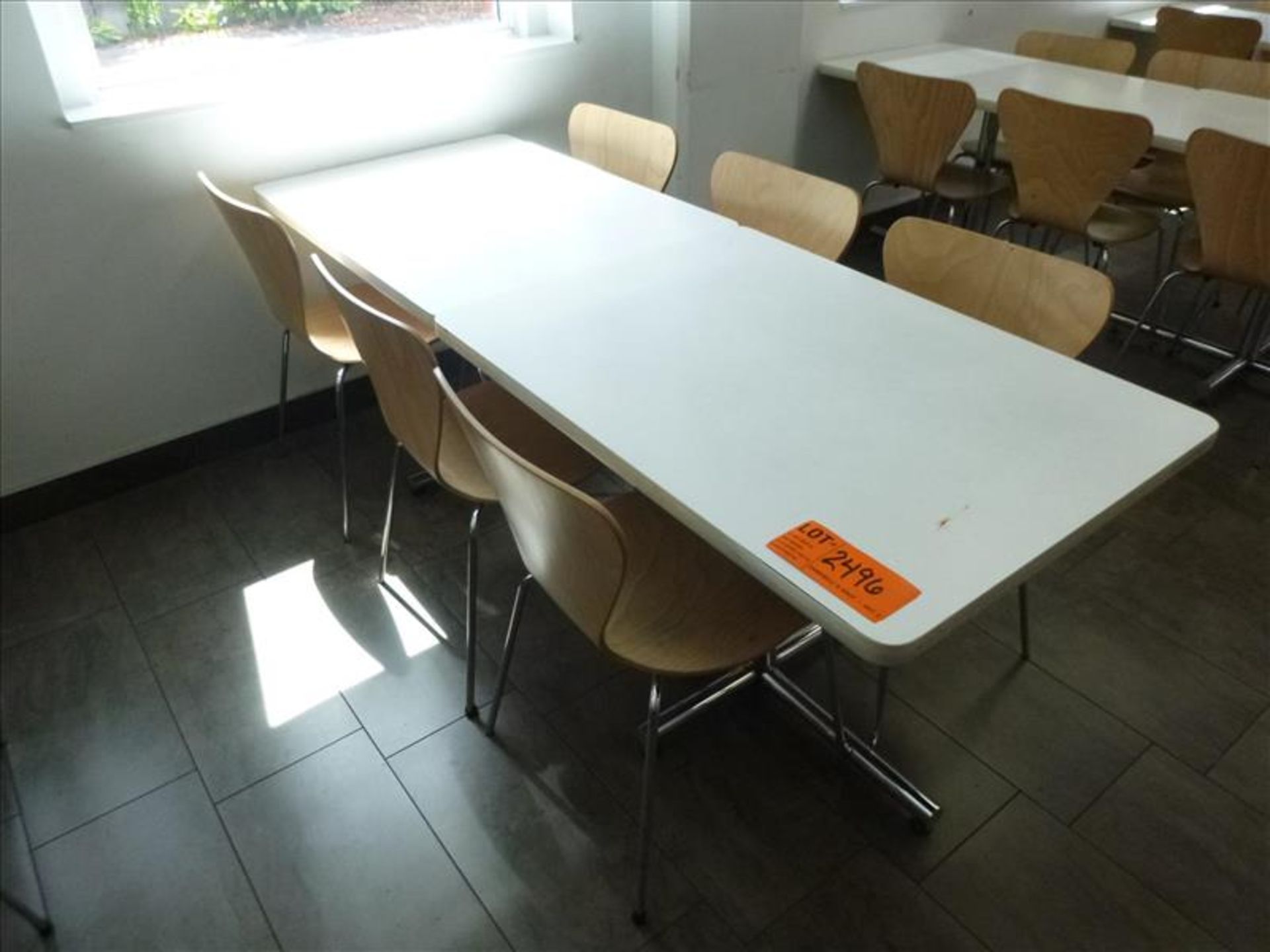 (6) chairs c/w (2) tables, 30 in. x 42 in. ea. [Cafeteria/Store, 1st Floor]