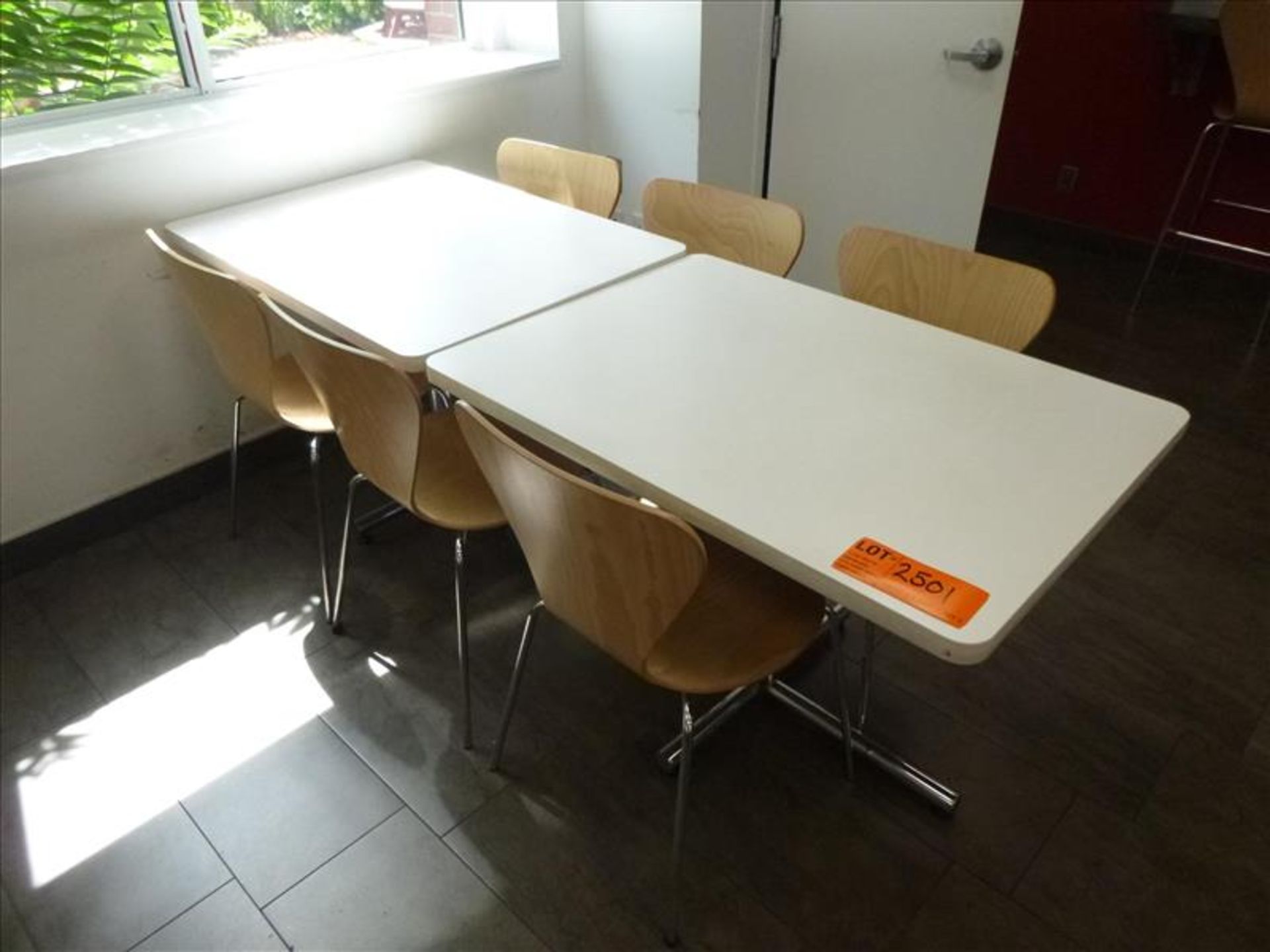 (6) chairs c/w (2) tables, 30 in. x 42 in. ea. [Cafeteria/Store, 1st Floor]