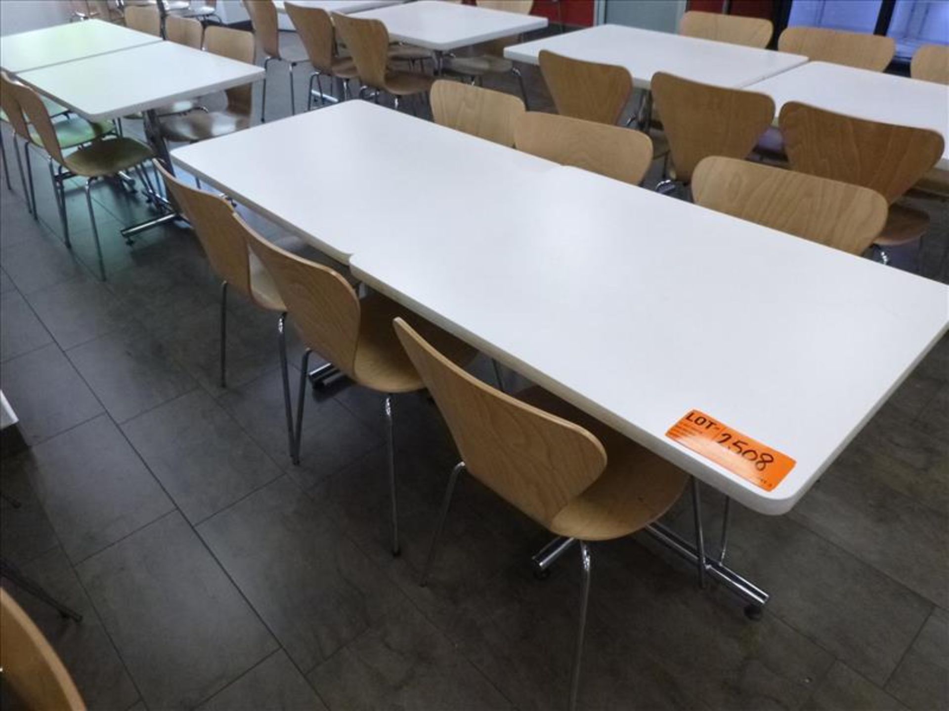 (6) chairs c/w (2) tables, 30 in. x 42 in. ea. [Cafeteria/Store, 1st Floor]