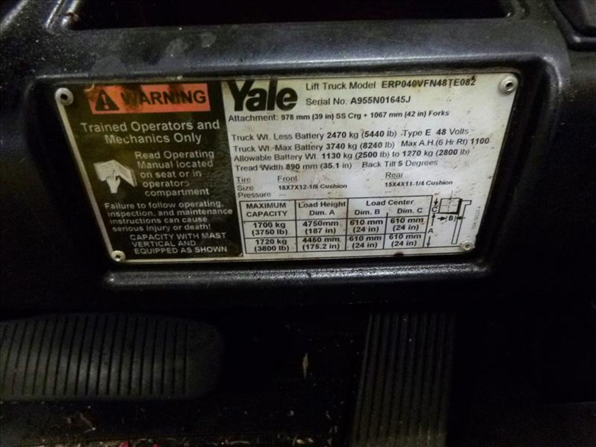 Yale fork lift truck, mod. ERP040VFN48TE082, ser. no. A955N01645J, 48V electric, 3700 lbs cap., - Image 4 of 4