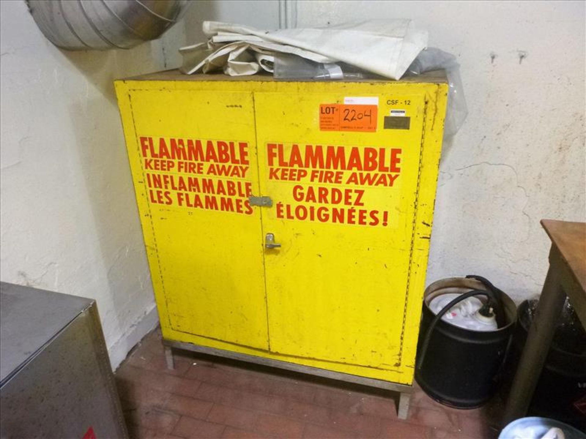 JustRite flammables cabinet, 44 in. W x 47 in. H x 19 in. D c/w s/s stand [Large Shop, 2nd Floor]