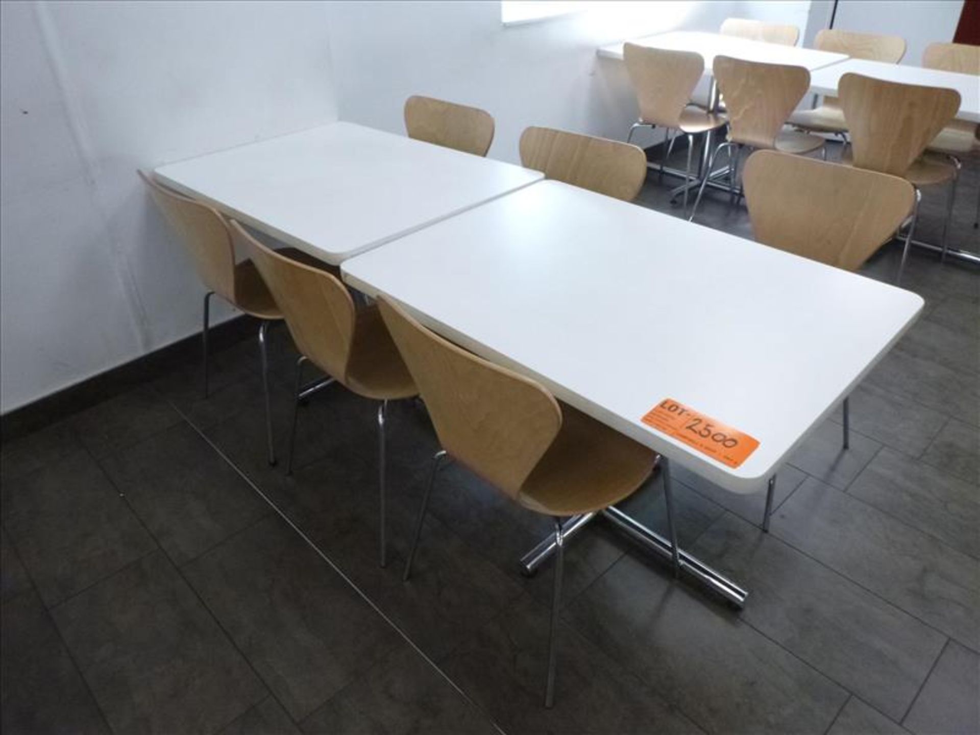 (6) chairs c/w (2) tables, 30 in. x 42 in. ea. [Cafeteria/Store, 1st Floor]