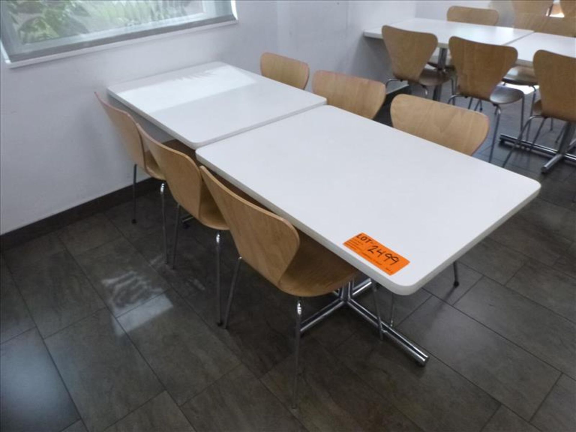 (6) chairs c/w (2) tables, 30 in. x 42 in. ea. [Cafeteria/Store, 1st Floor]