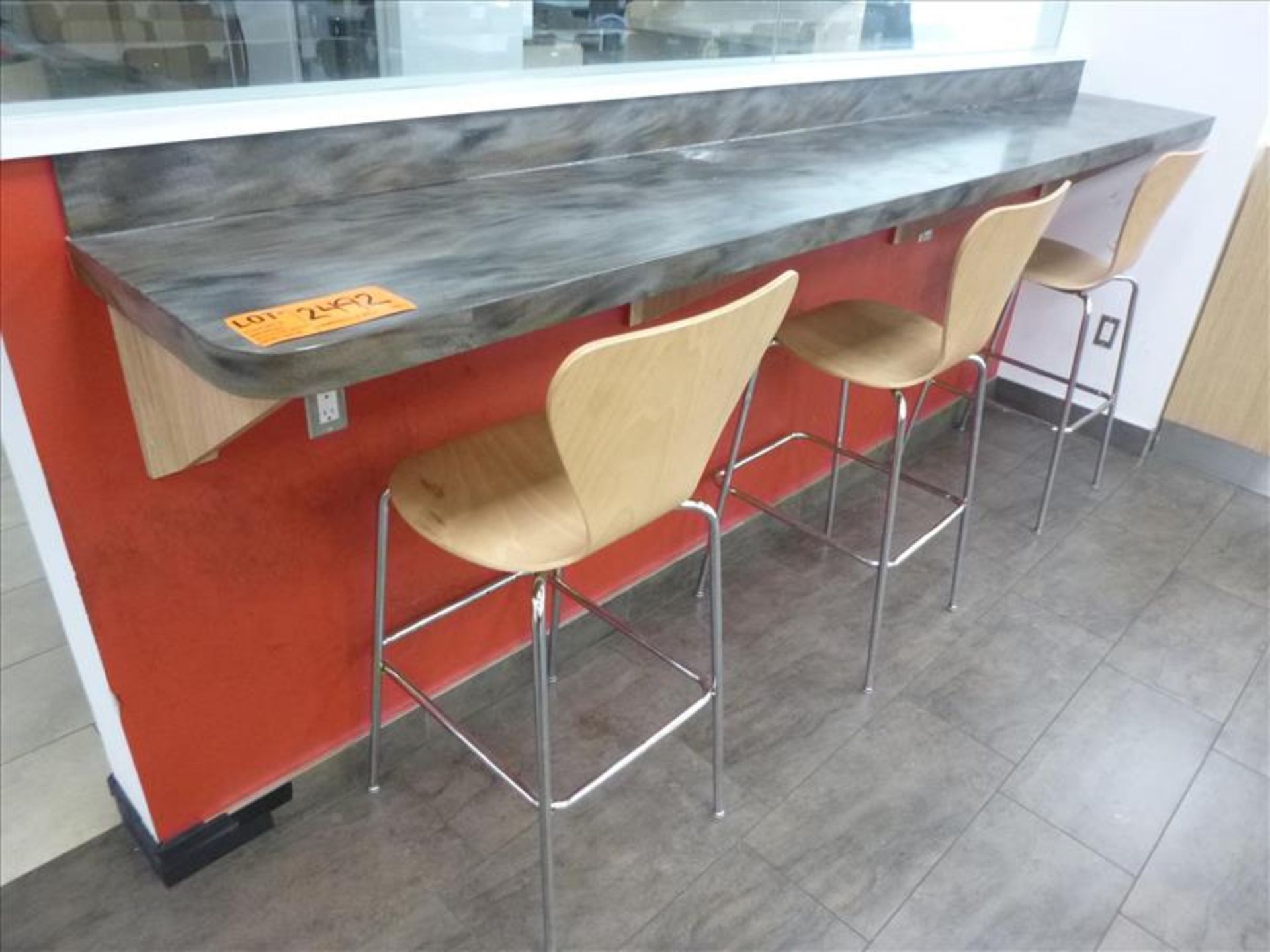 (3) stools c/w bar shelf, 18 in. x 122 in. [Cafeteria/Store, 1st Floor]