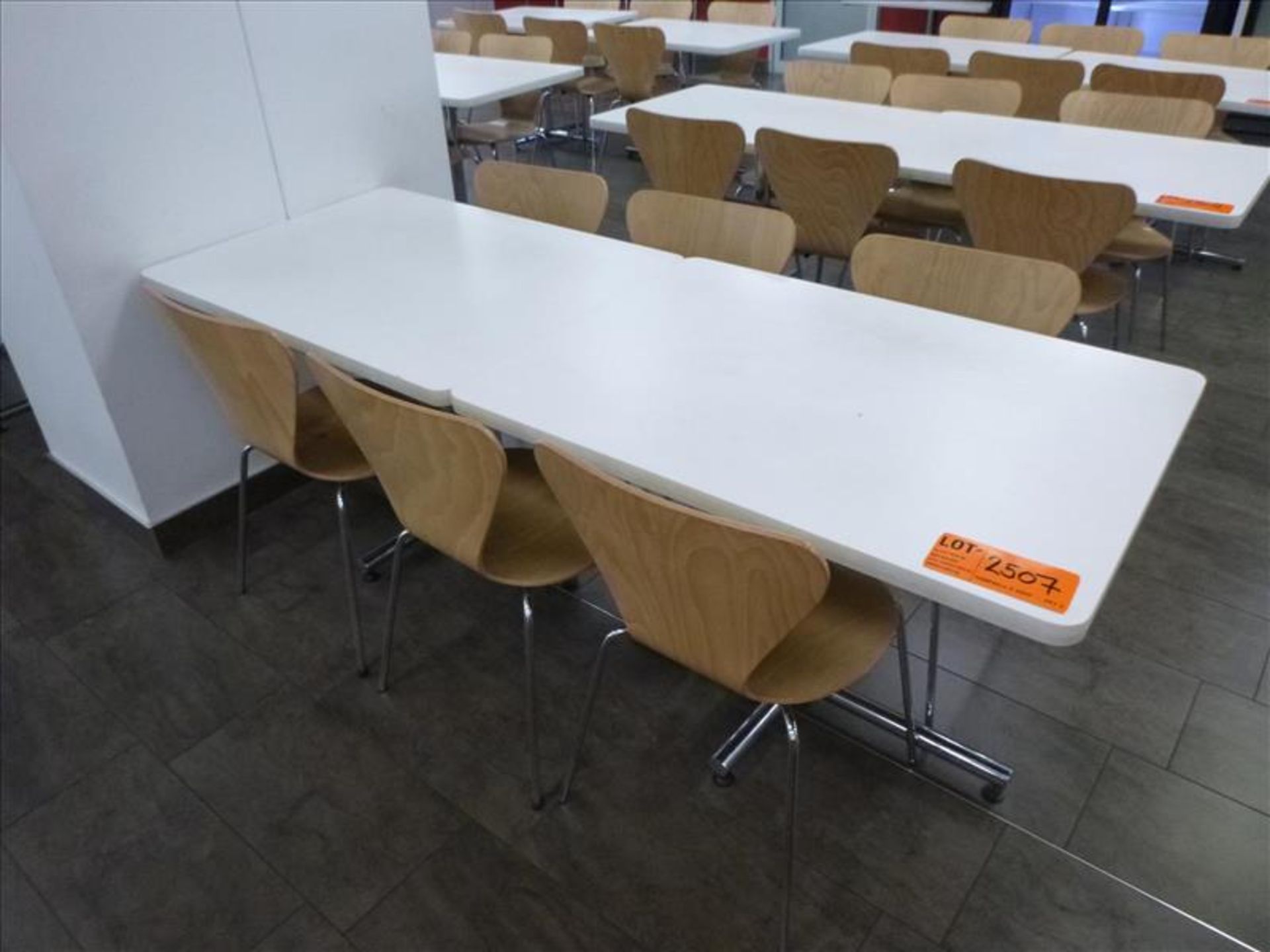 (6) chairs c/w (2) tables, 30 in. x 42 in. ea. [Cafeteria/Store, 1st Floor]