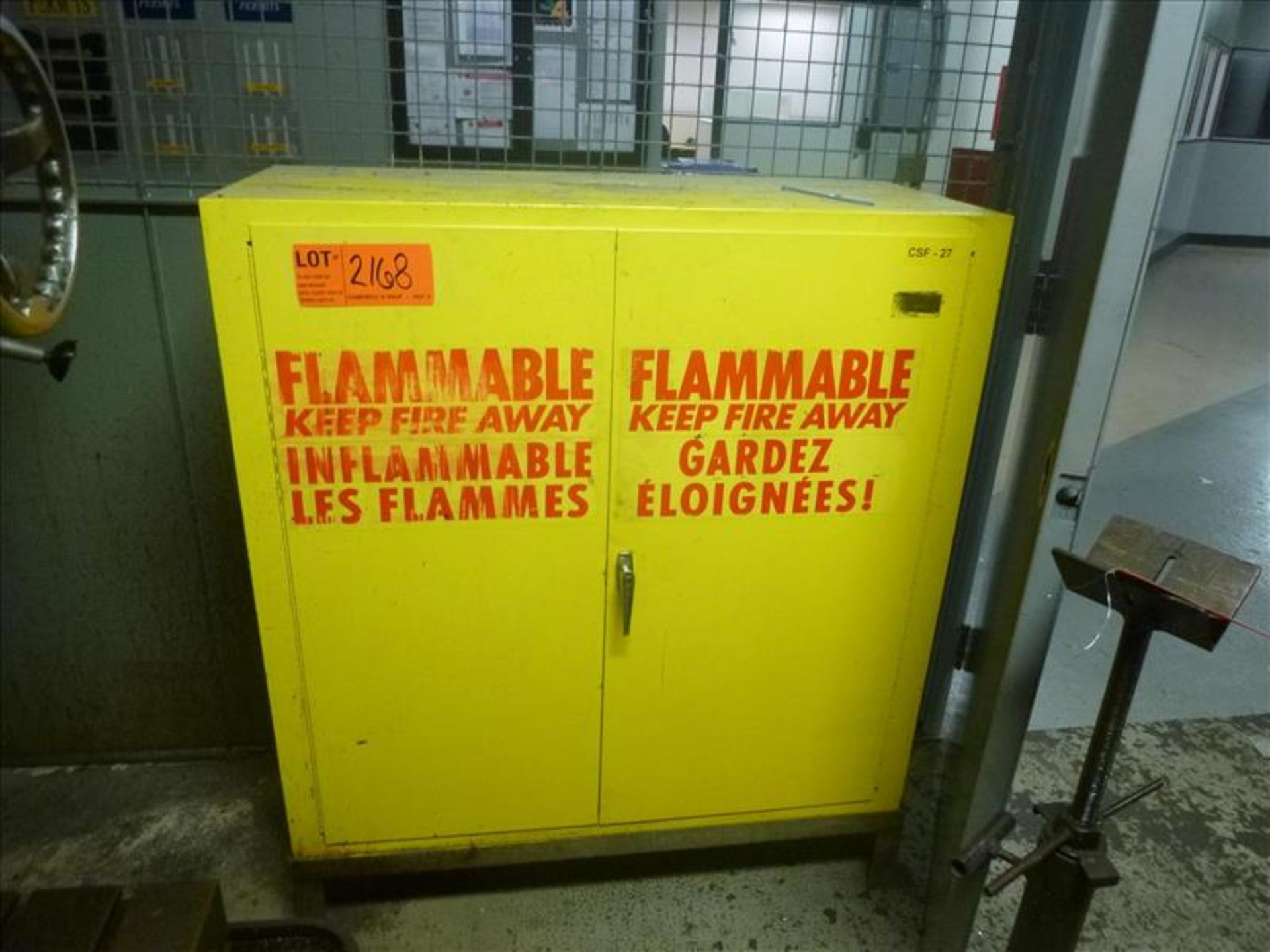 flammables cabinet, 44 in. W x 45 in. H x 19 in. D c/w s/s stand [Machine Shop, 1st Floor]