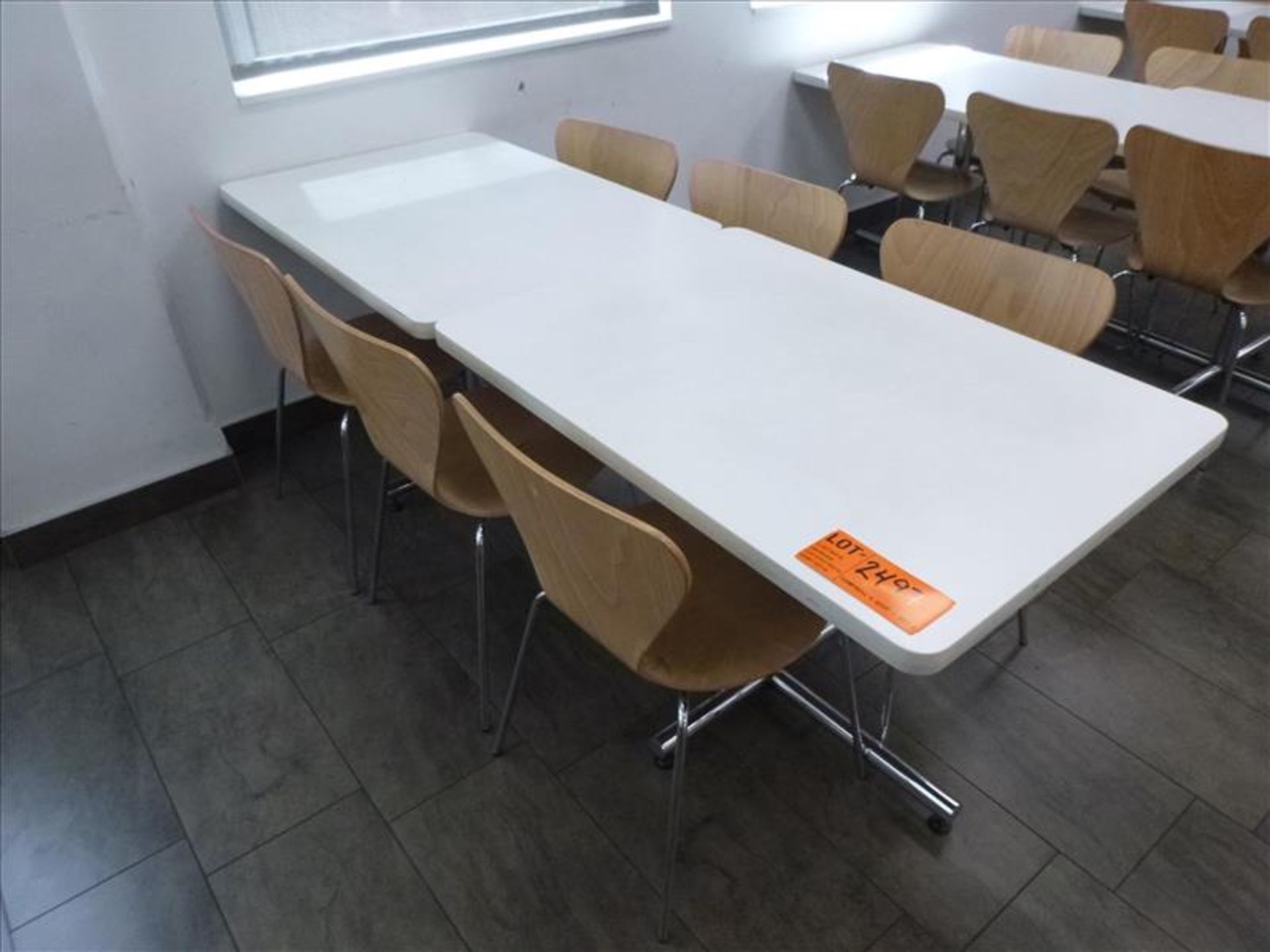 (6) chairs c/w (2) tables, 30 in. x 42 in. ea. [Cafeteria/Store, 1st Floor]