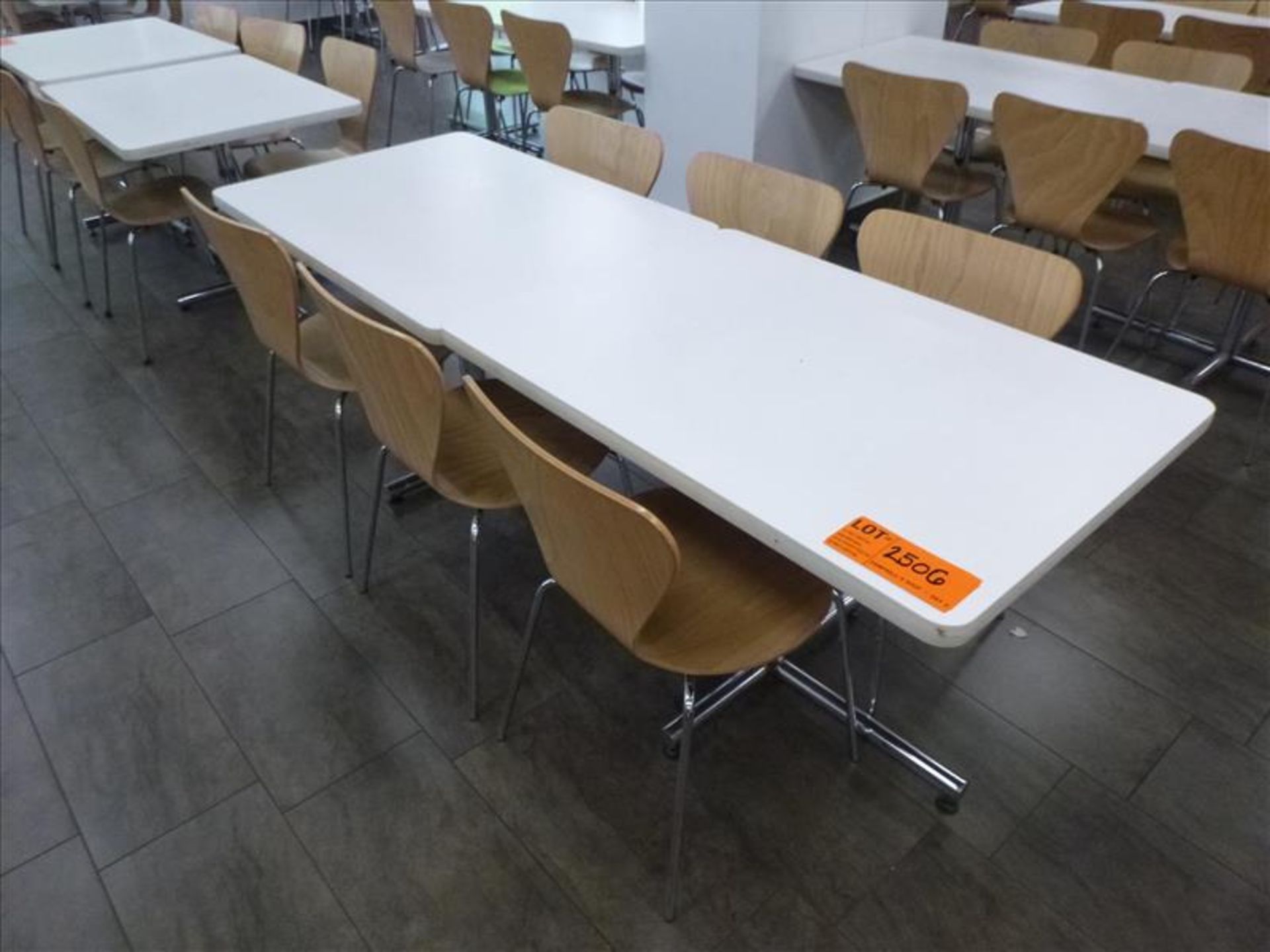 (6) chairs c/w (2) tables, 30 in. x 42 in. ea. [Cafeteria/Store, 1st Floor]