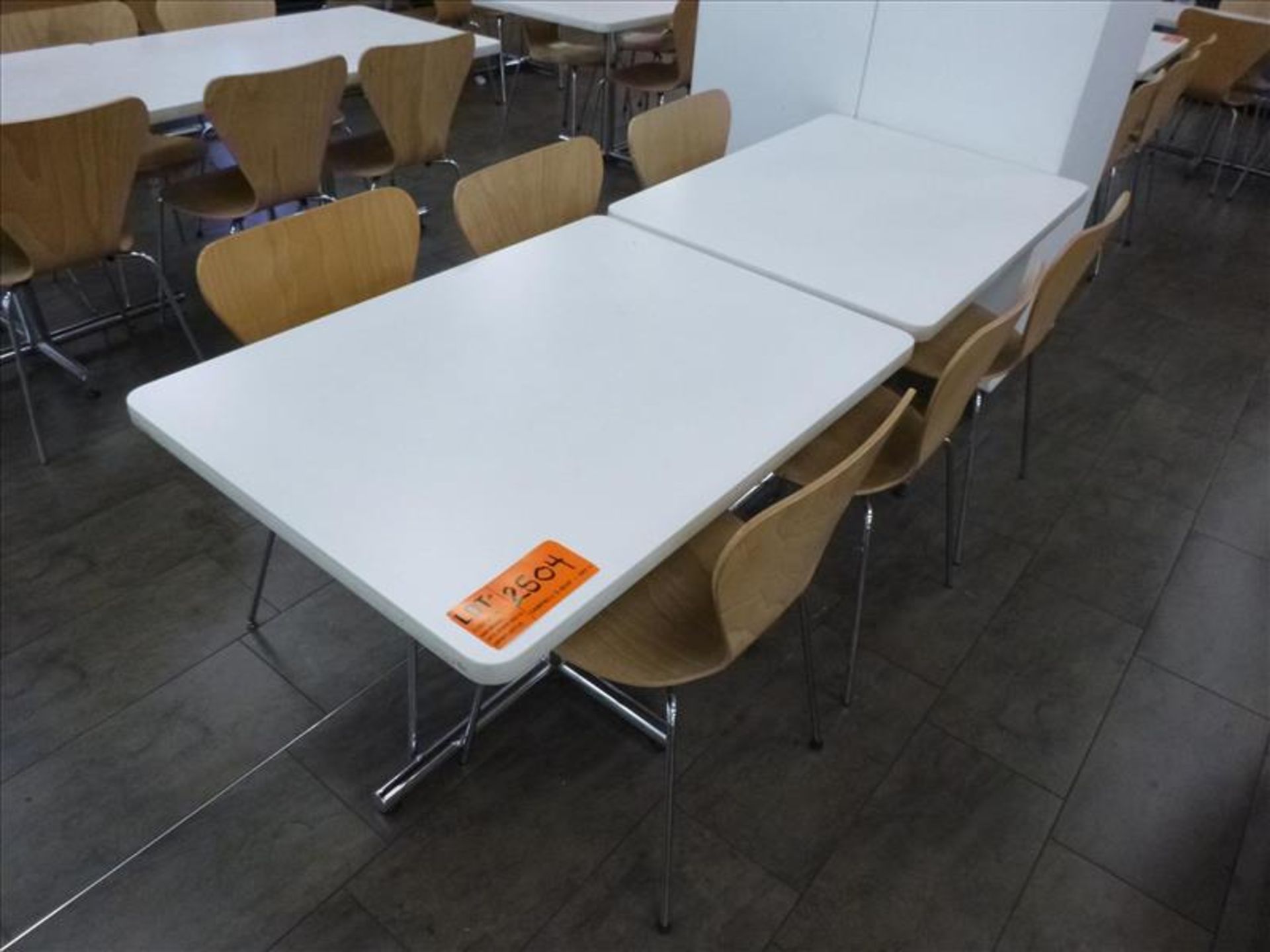 (6) chairs c/w (2) tables, 30 in. x 42 in. ea. [Cafeteria/Store, 1st Floor]