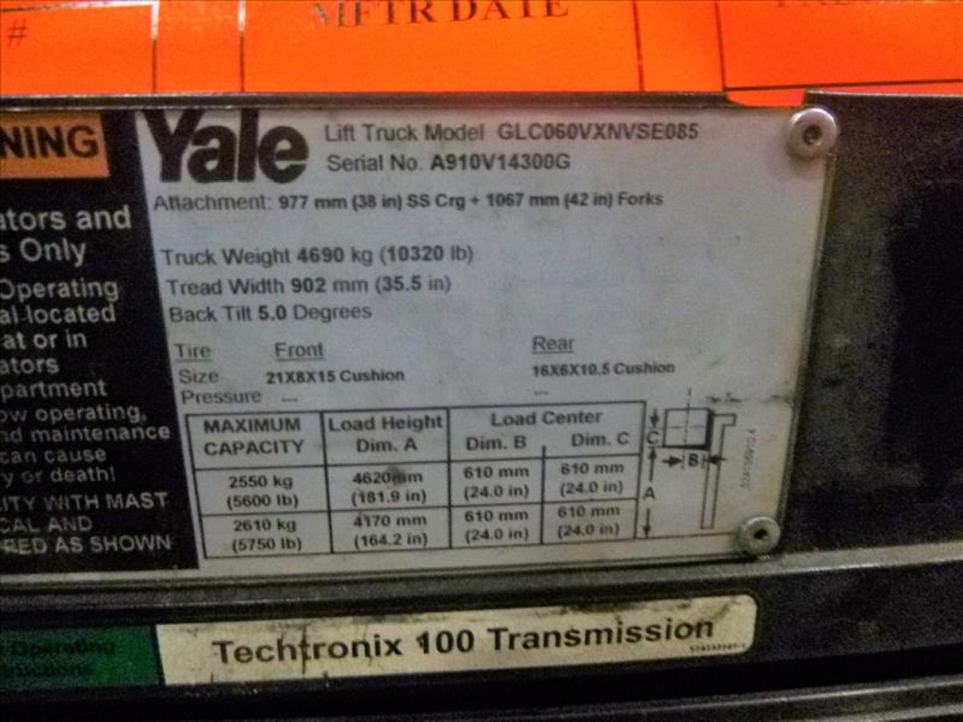 Yale fork lift truck, mod. GLC060VXNSEE085, ser. no. A910V14300G, LPG, 5500 lbs cap., 181 in. lift - Image 4 of 4