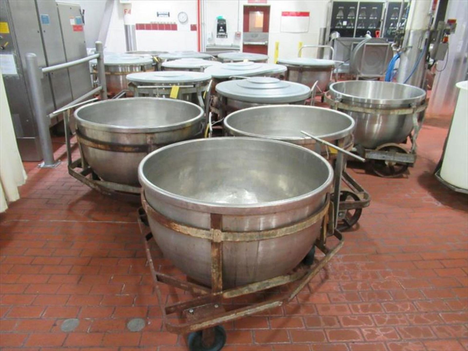 (5) Stainless soup bowls 44 in dia x 32 in deep with carbon steel bowl dolly [2nd Flr Lyco