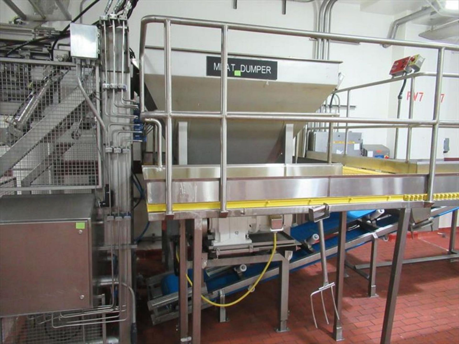 Stainless meat hopper approx 72 in x 72 ft top x 30 in x 24 in bottom x 4 ft h, with magnetic