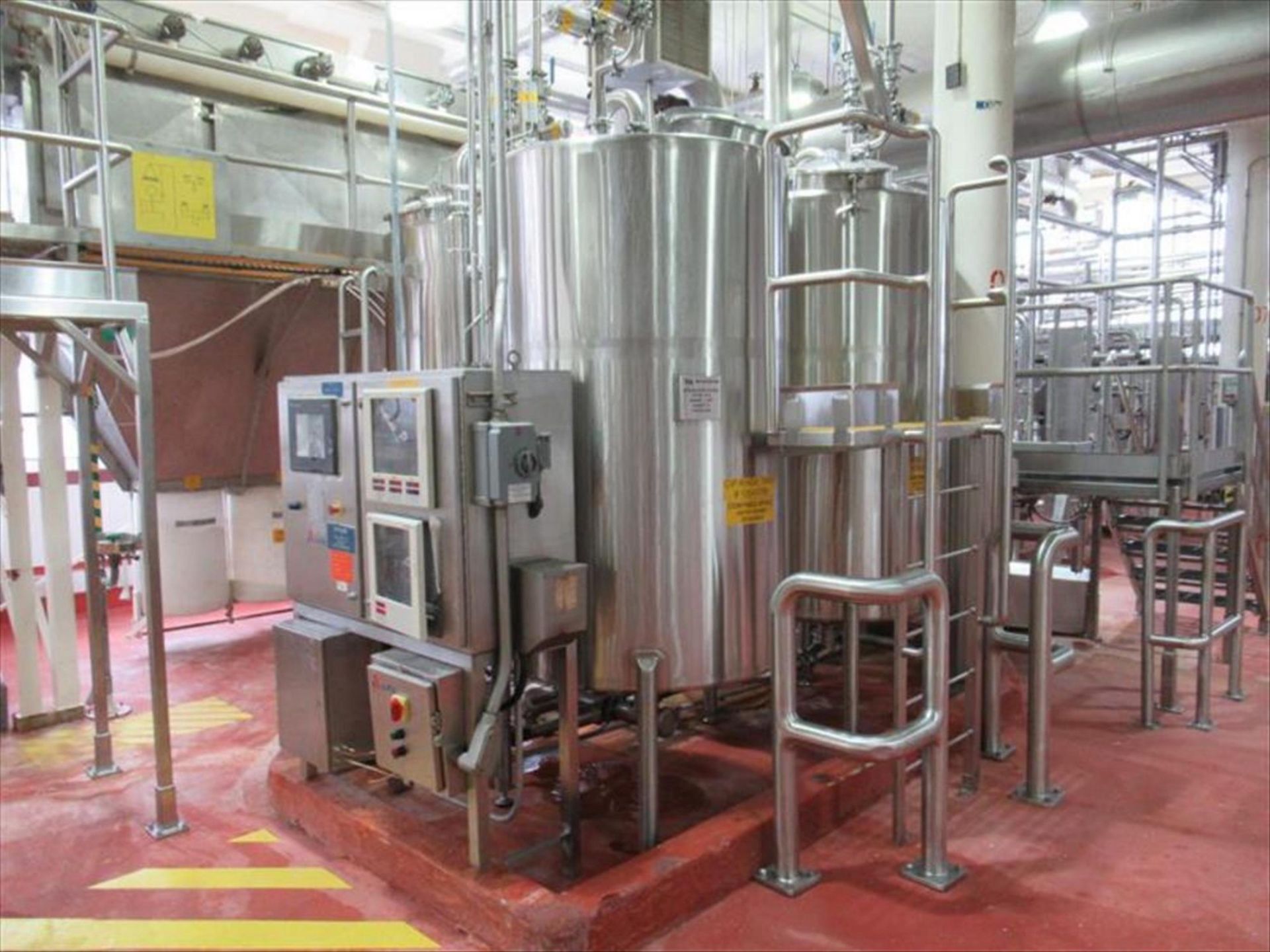 3 Tank CIP System with (4) approx 500 gallons capacity, dome top, 48 in dia x 78 in h CIP tanks,
