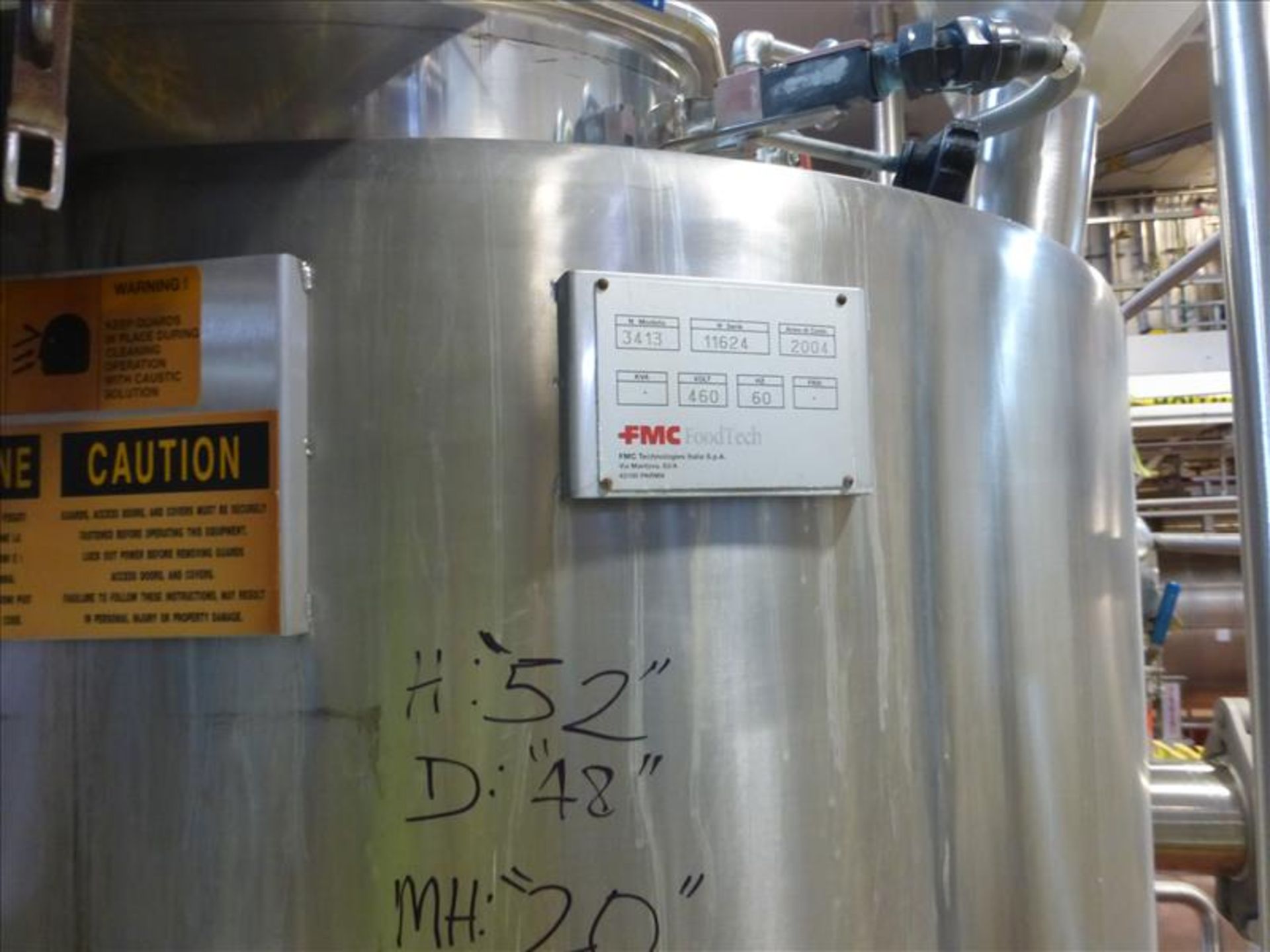 FMC sterilizer feed tank B mod. no. 3413 ser. no. 11624 approx 260 gallons, stainless,48 in. dia x - Image 4 of 5