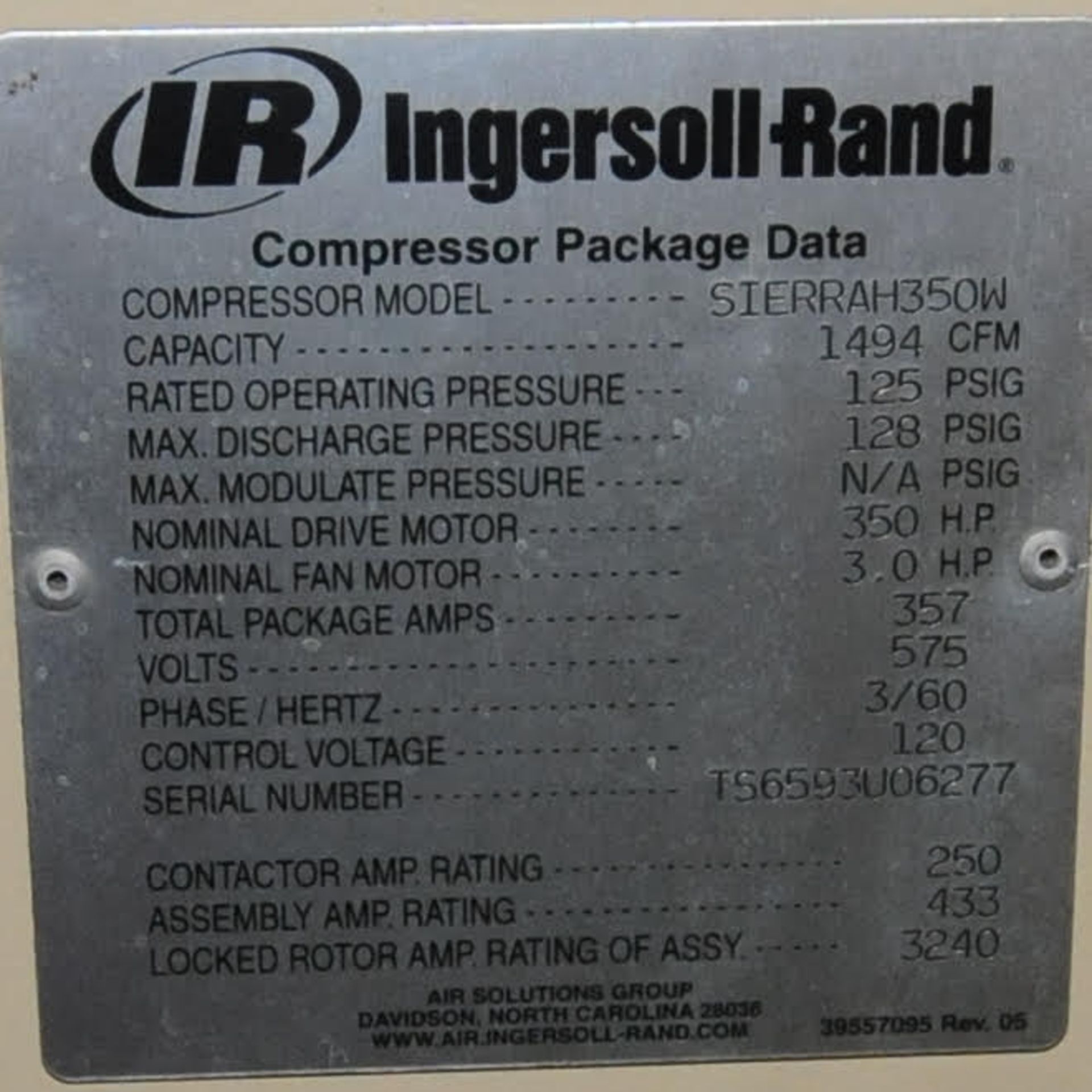 Ingersoll Rand Compressor #4 mod. no. SIERRA-H35W ser. no. TS6593U06277, package rotary air - Image 2 of 2