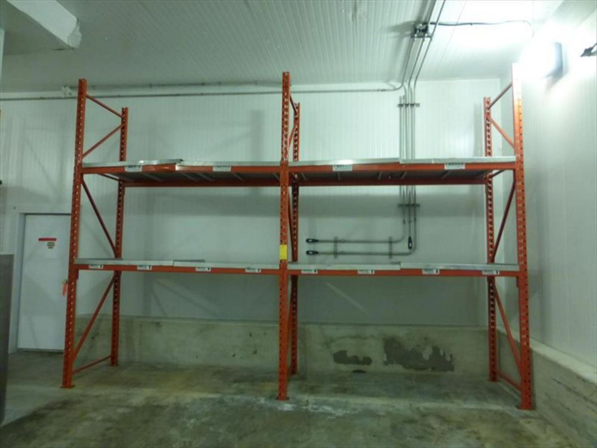 Pallet rack inside freezer Lot of (3) sections, 8 ft beam x 12 ft upright with welded wire deck