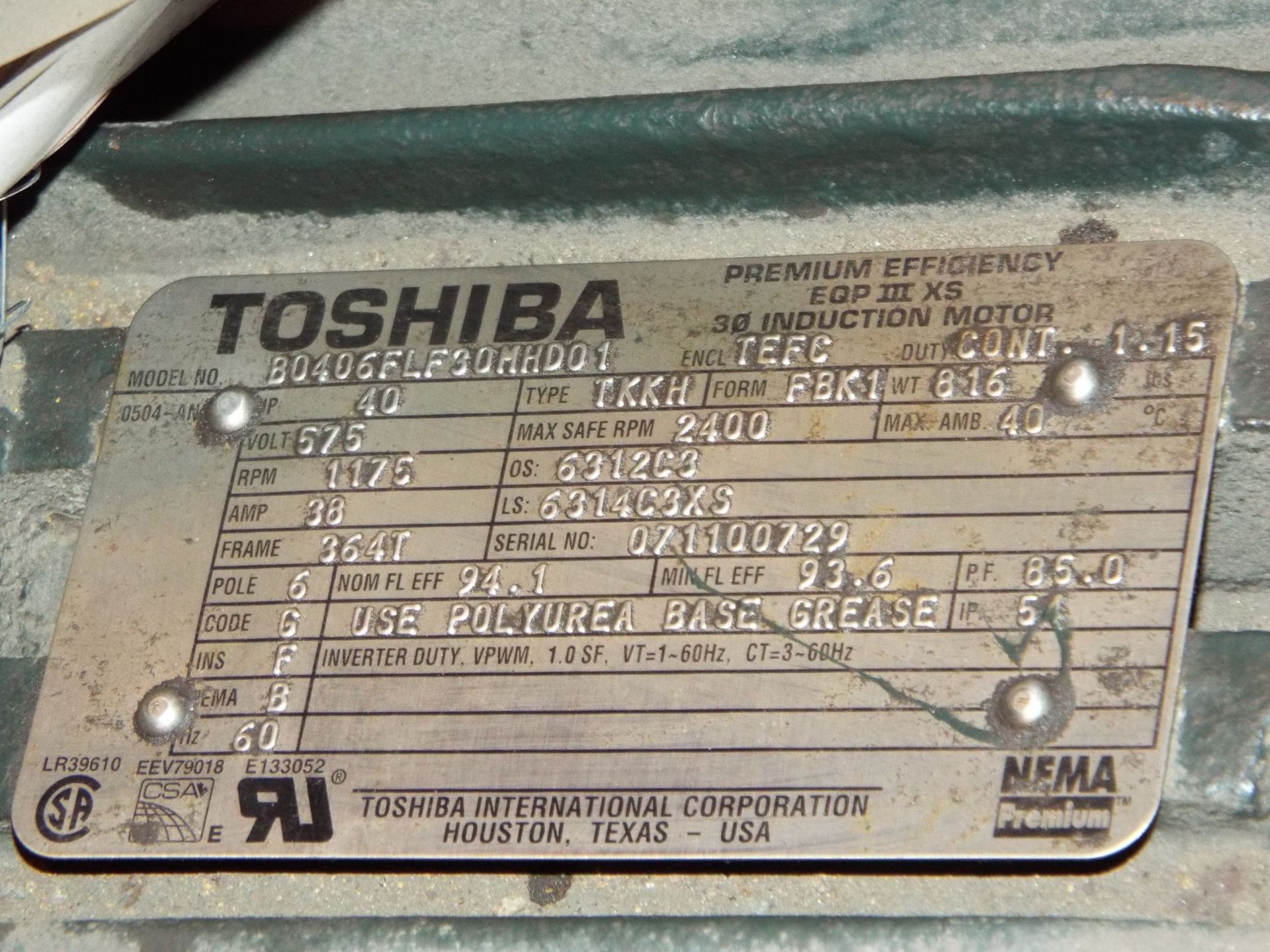 TOSHIBA 40 HP, 575V, 38 AMP, 1175 RPM, 3-PHASE INDUCTION MOTOR - Image 2 of 2
