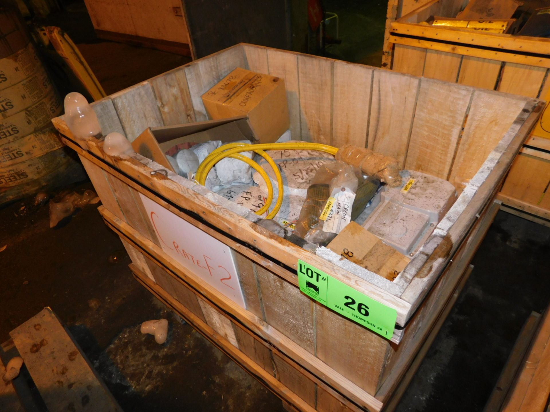 LOT/ CONTENTS OF CRATE INCLUDING ELECTRICAL SOLENOIDS, COILS, POWER SUPPLIES, GASKETS, PINS,