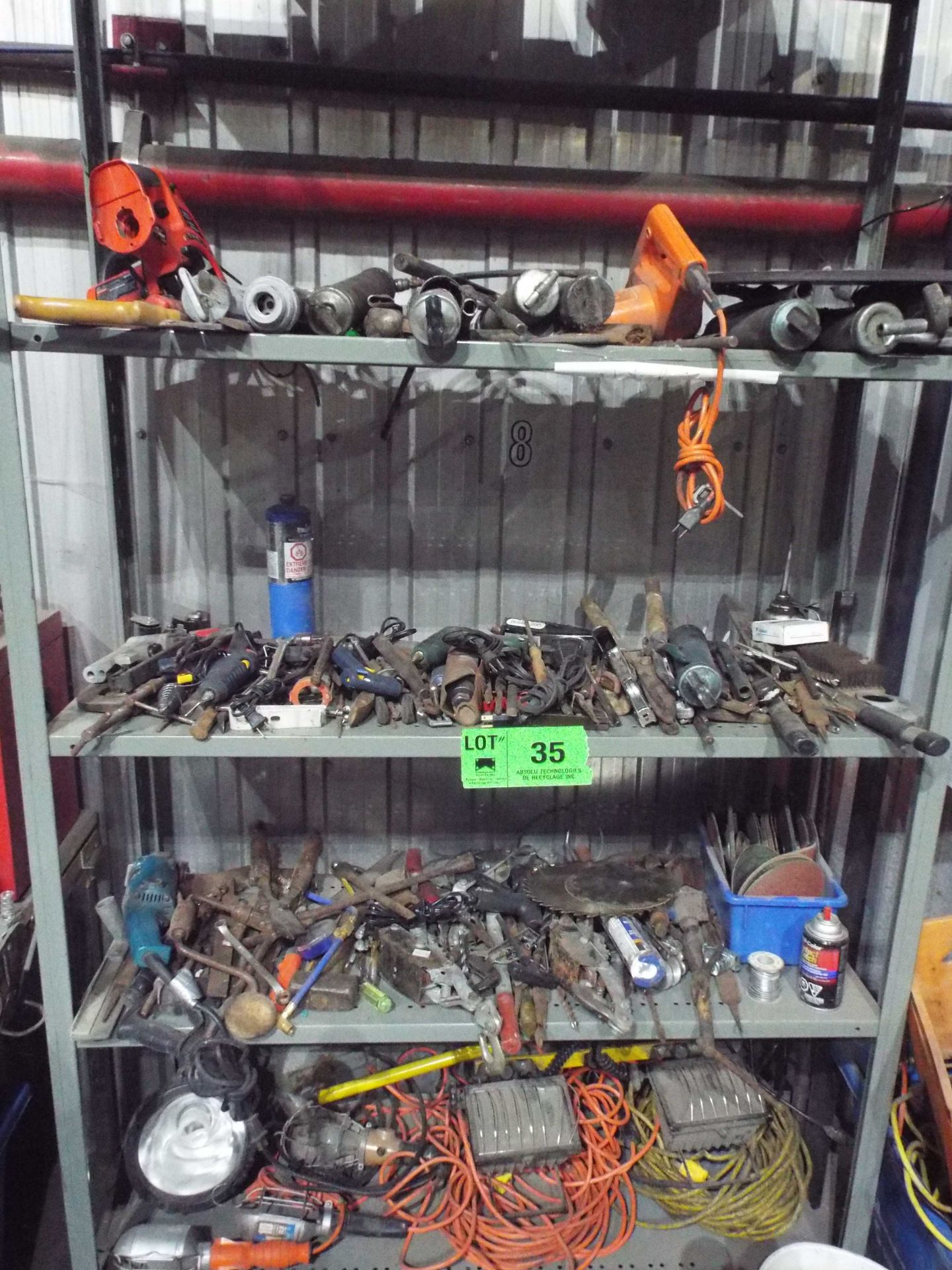 (LOT) ASSORTED TOOLS, LIGHTS, AND EXTENSION CORDS WITH SHELF