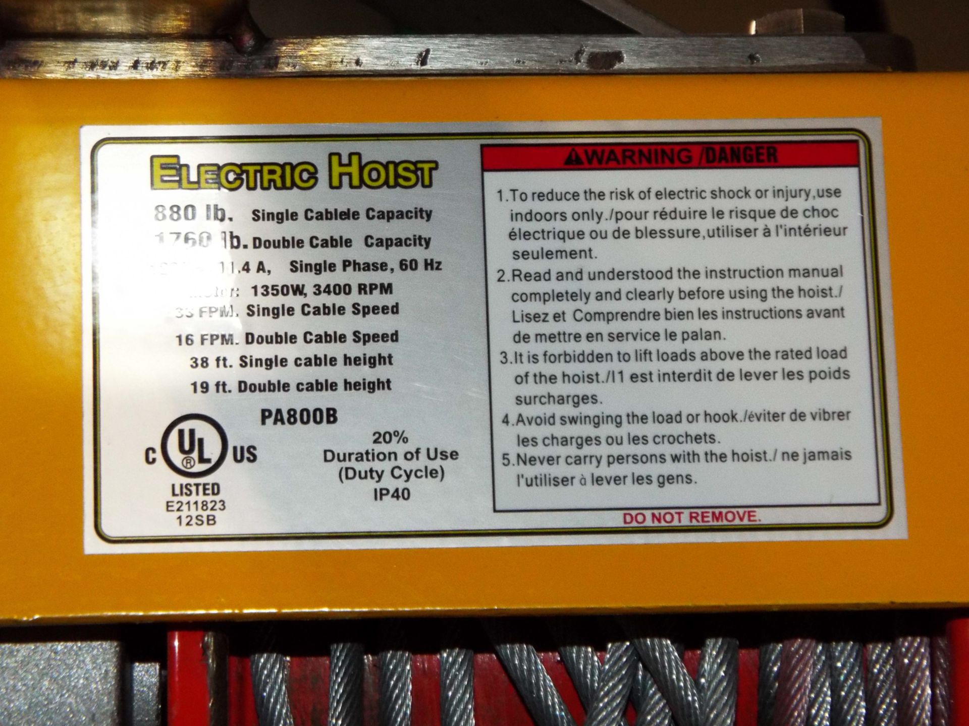 880 LB. CAPACITY ELECTRIC HOIST WITH PENDANT CONTROL - Image 2 of 2