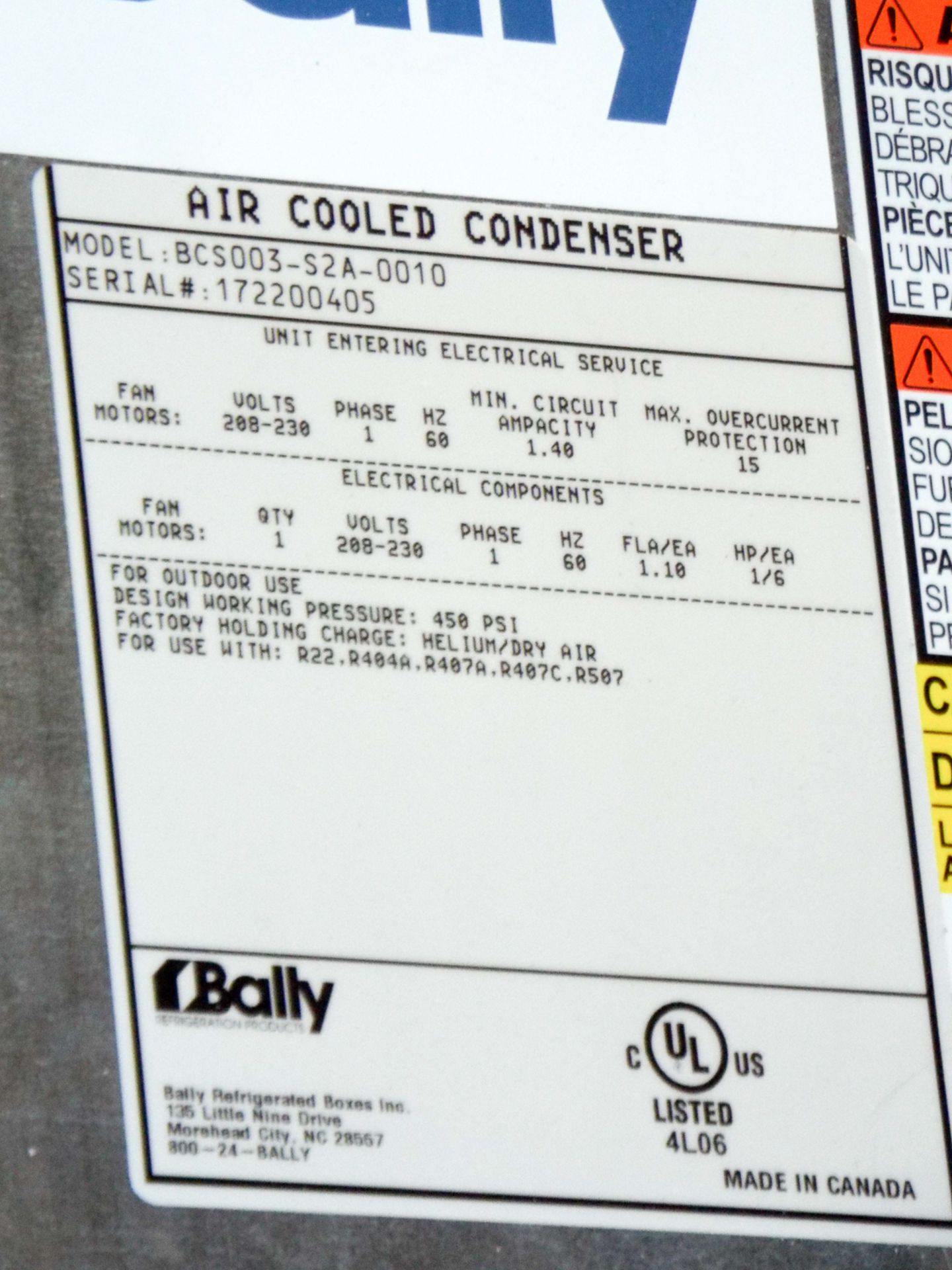 BALLY BCS003-S2A-0010 AIR COOLED CONDENSER S/N: 172200405 (CI) - Image 3 of 3