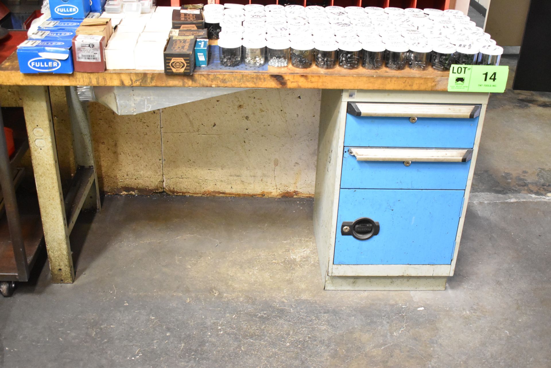 WORK BENCH WITH BUTCHER BLOCK TOP AND STORAGE