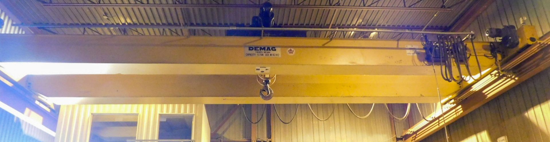 DEMAG 15 TON OVERHEAD TWIN BEAM TOP RUNNING BRIDGE CRANE WITH 36' SPAN, PENDANT CONTROL, S/N