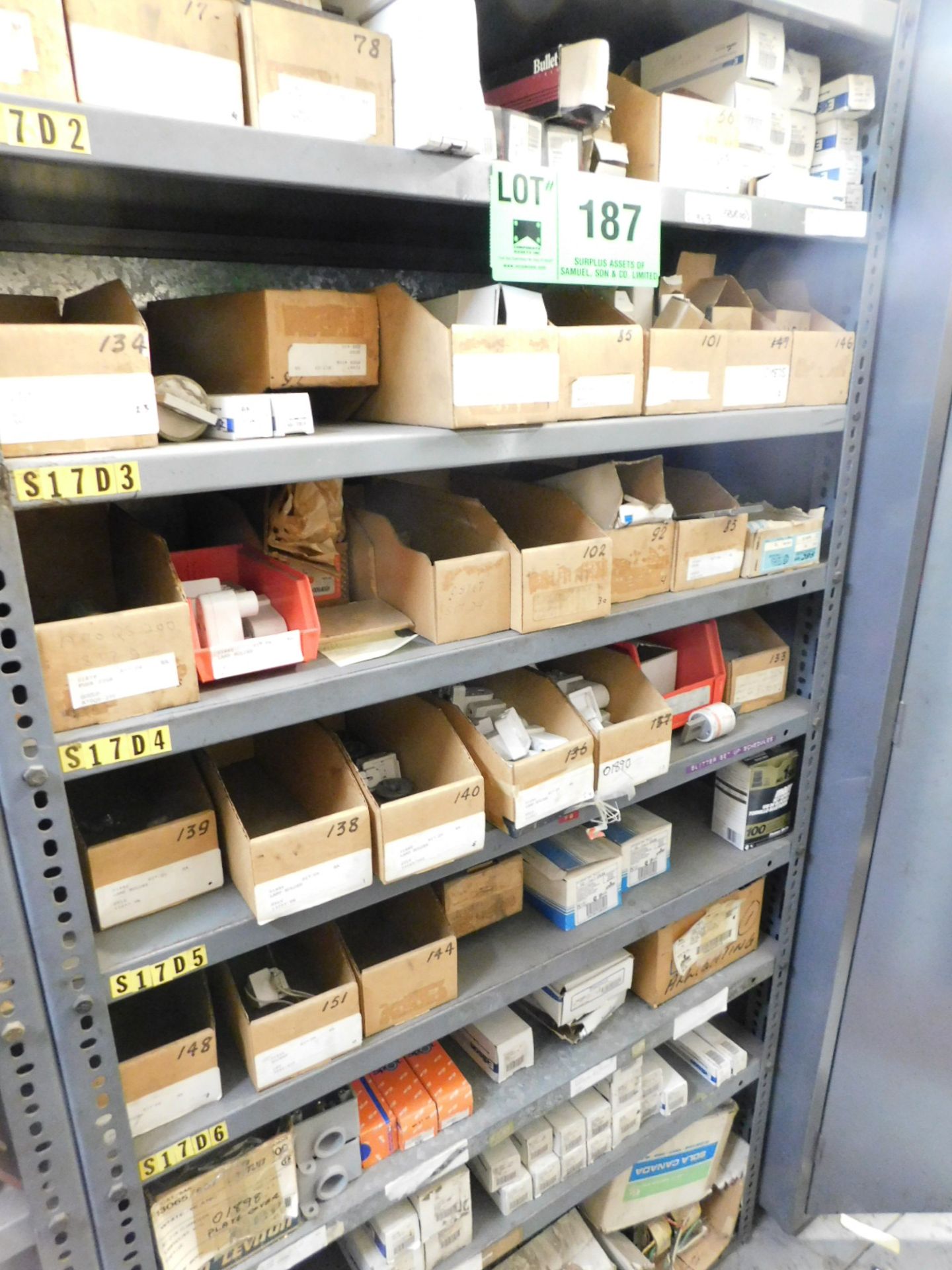 LOT/ CONTENTS OF SHELF UNIT WITH ELECTRICAL SUPPLIES FUSES, BOXES & BALLASTS