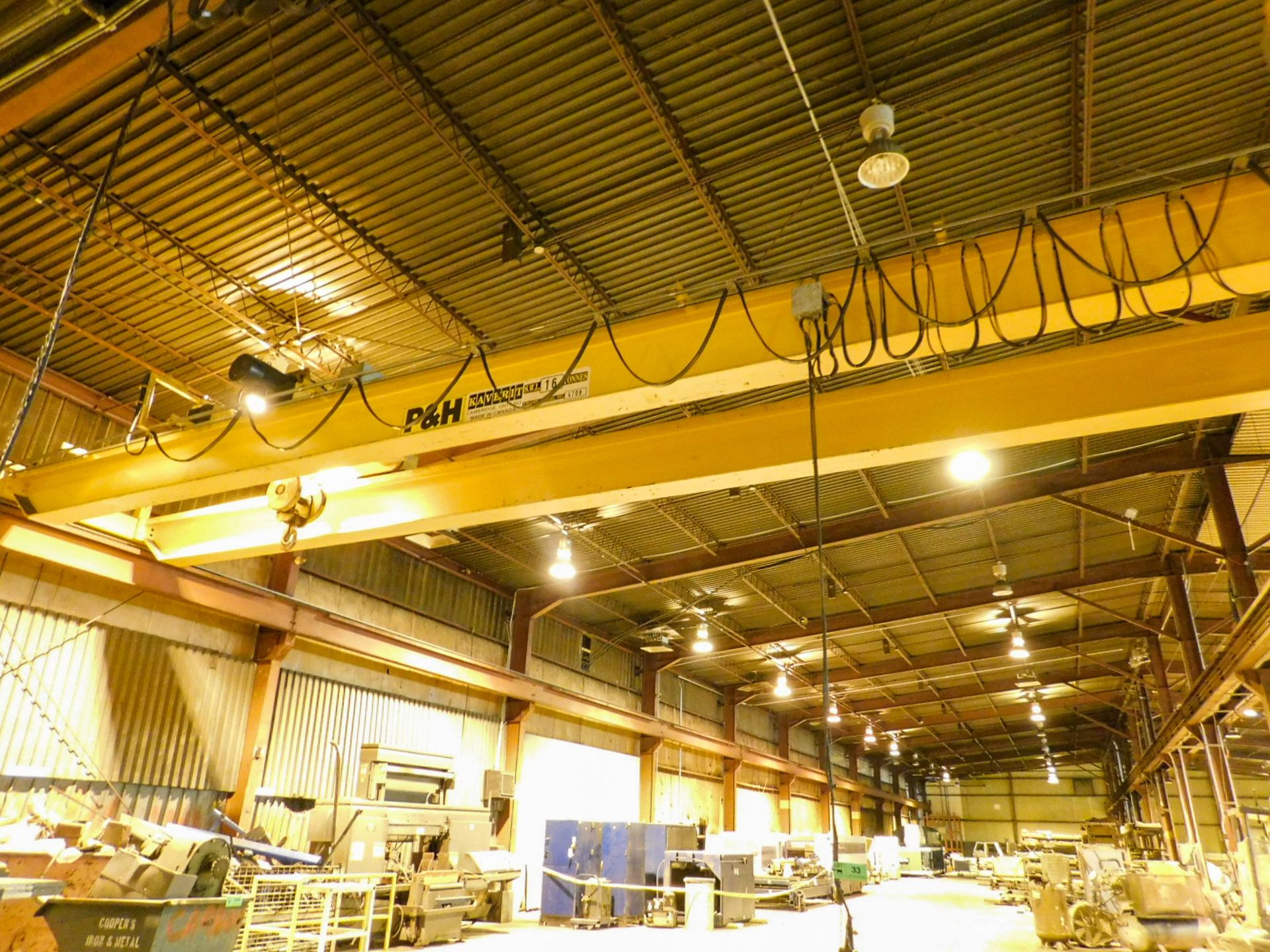 P&H 16 TON OVERHEAD TWIN BEAM TOP RUNNING BRIDGE CRANE WITH 45' 9.5" SPAN, PENDANT CONTROL, S/N 4709