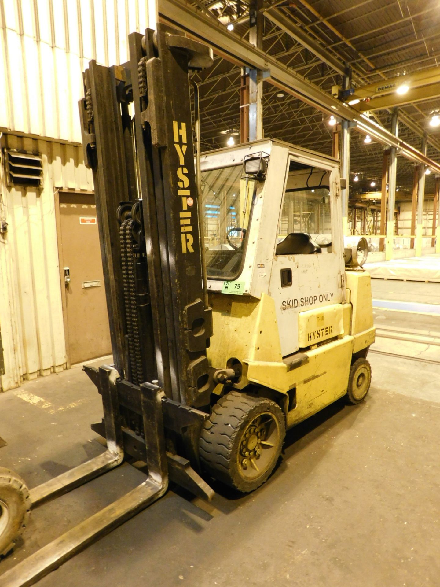 HYSTER S-70XL 6,500LB LPG FORKLIFT WITH 218" LIFT, SOLID TIRES, 3 STAGE MAST, ENCLOSED CAB, S/N