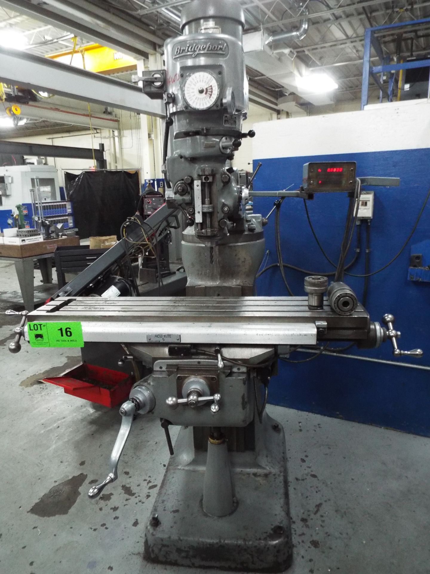 BRIDGEPORT VERTICAL MILLING MACHINE WITH 42" X 9" TABLE, SPEEDS TO 4200 RPM, 1.5 HP, ACU-RITE 2 AXIS